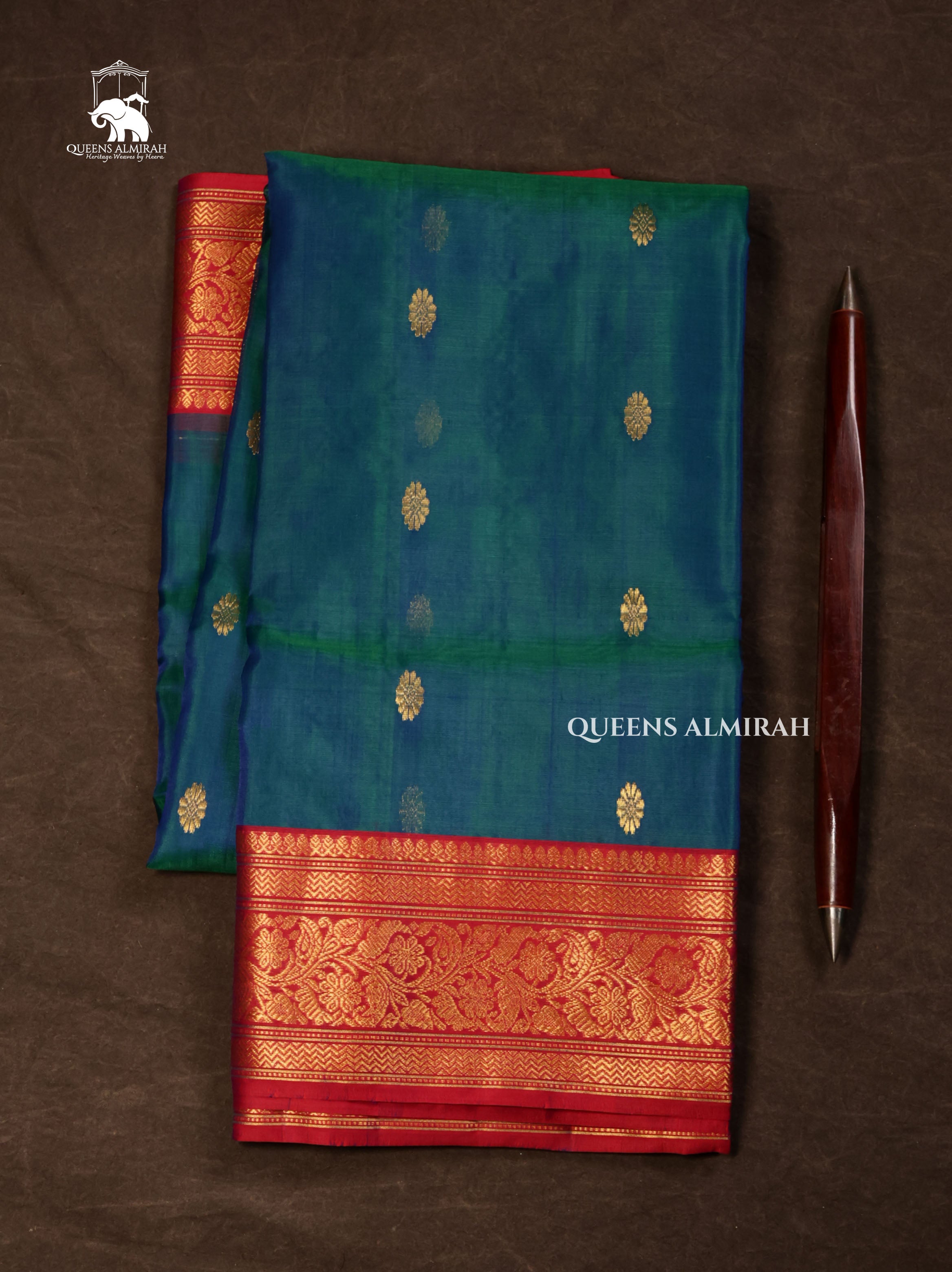Peacock Blue With Red Chanderi Katan Silk Handloom Saree