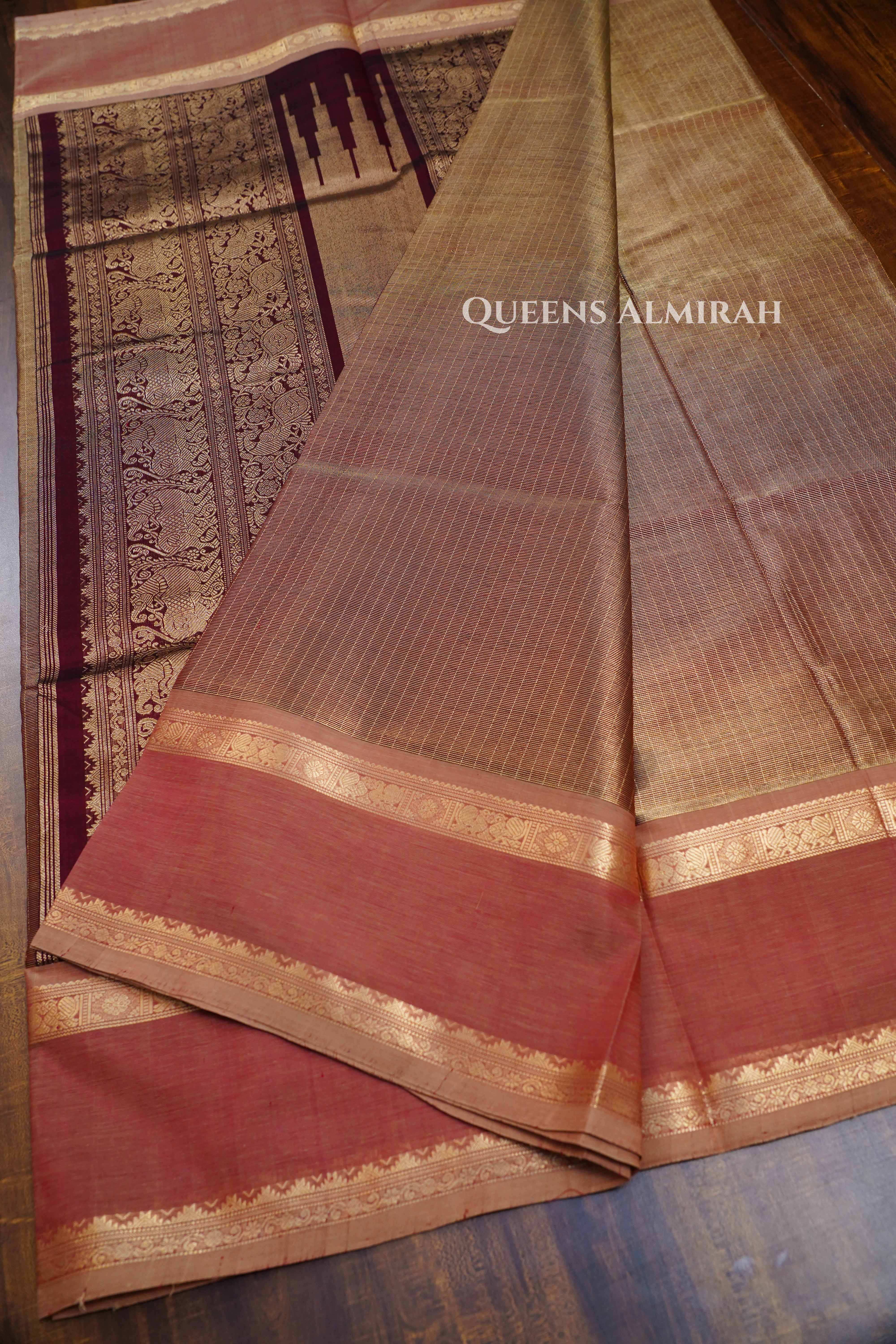 Golden With Pale Carmine Karaikudi Chettinad Silk Cotton Saree