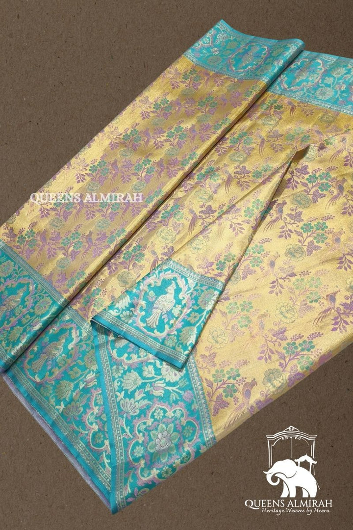 GOLD WITH BLUE PURE KANCHIVARAM SILK SAREE - Queens Jewel Emporium