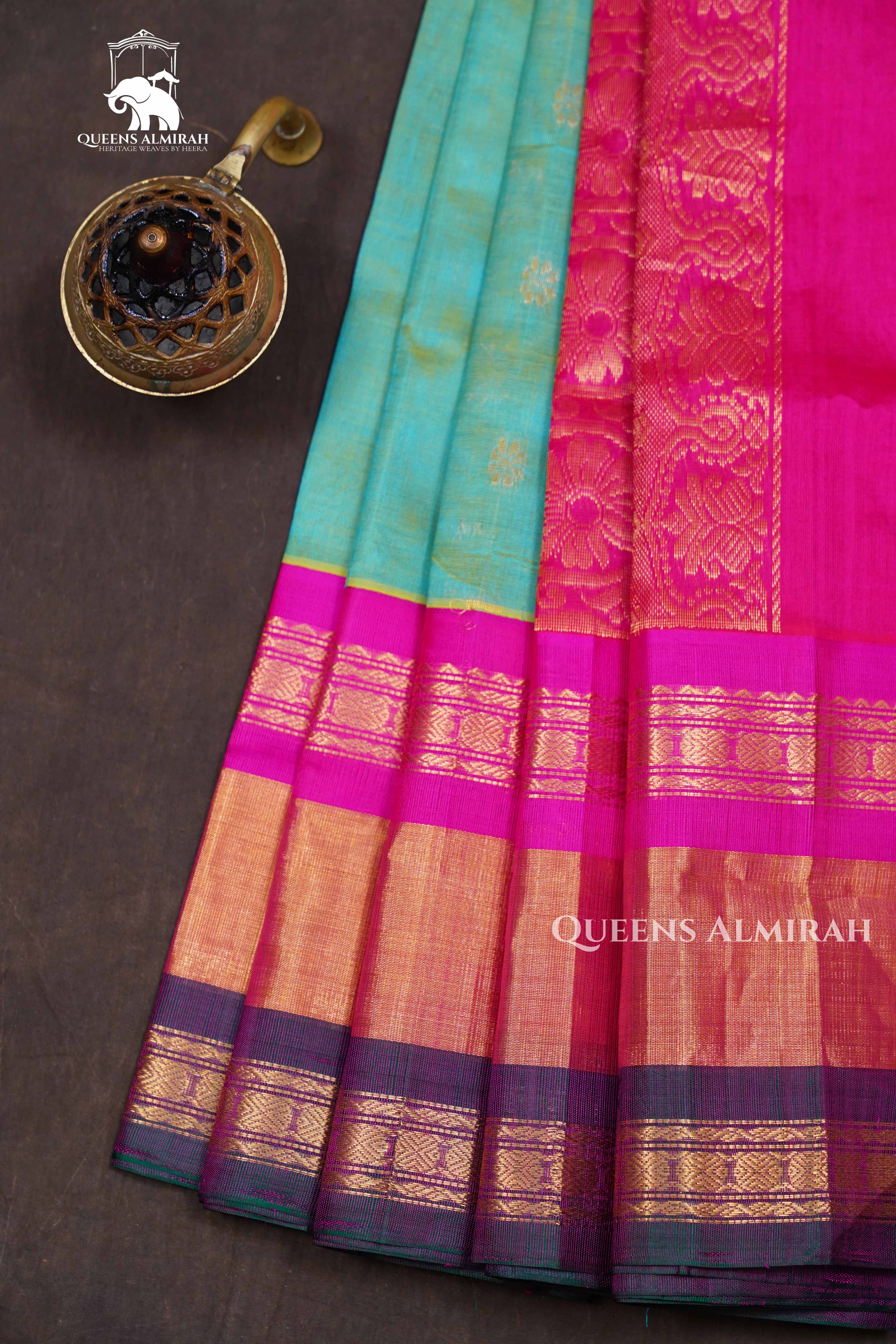 Sea Green With Pink Pure Kanchi Silk Cotton Saree