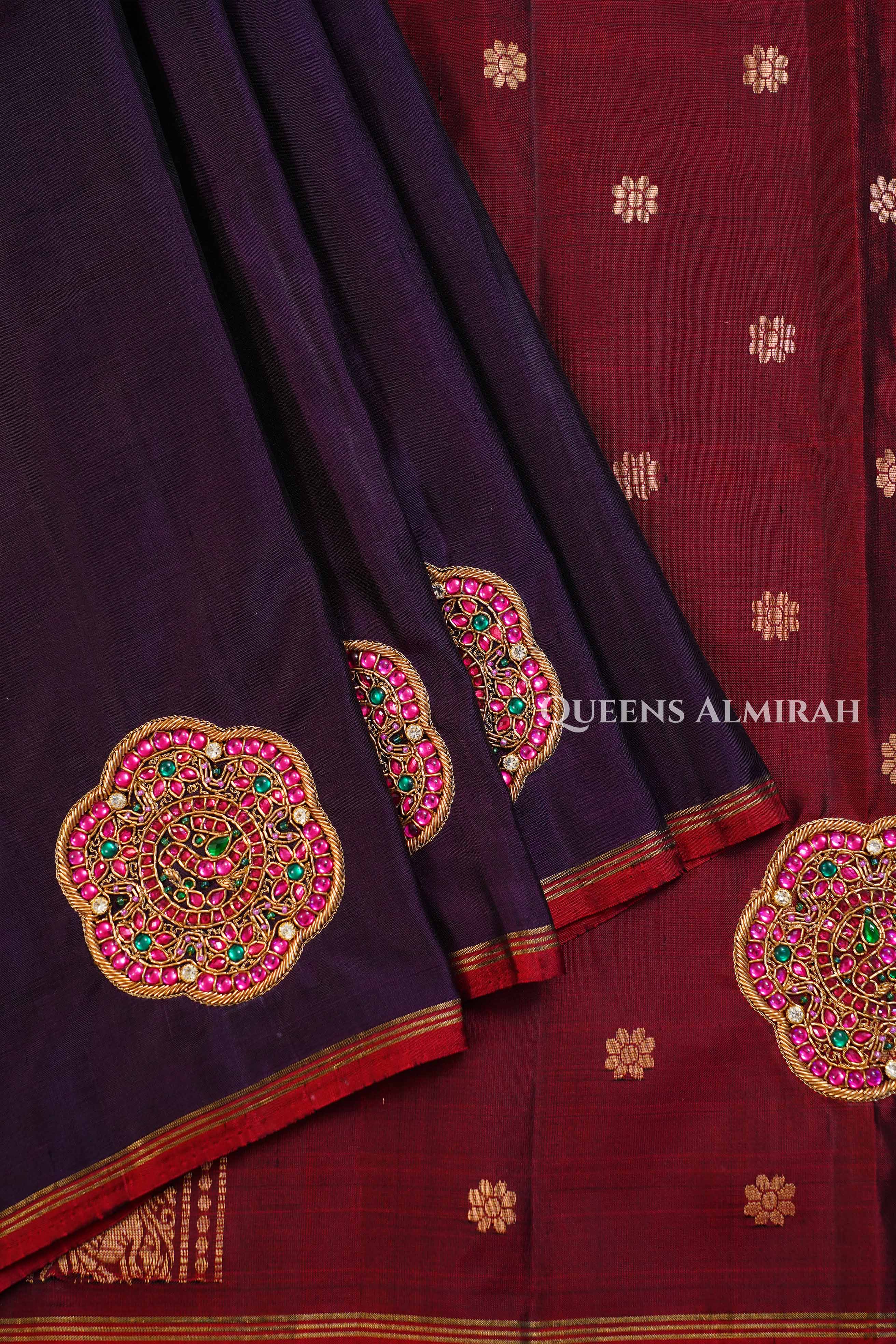 Egg Plant Purple With Maroon Rakkadai Designer Silk Saree