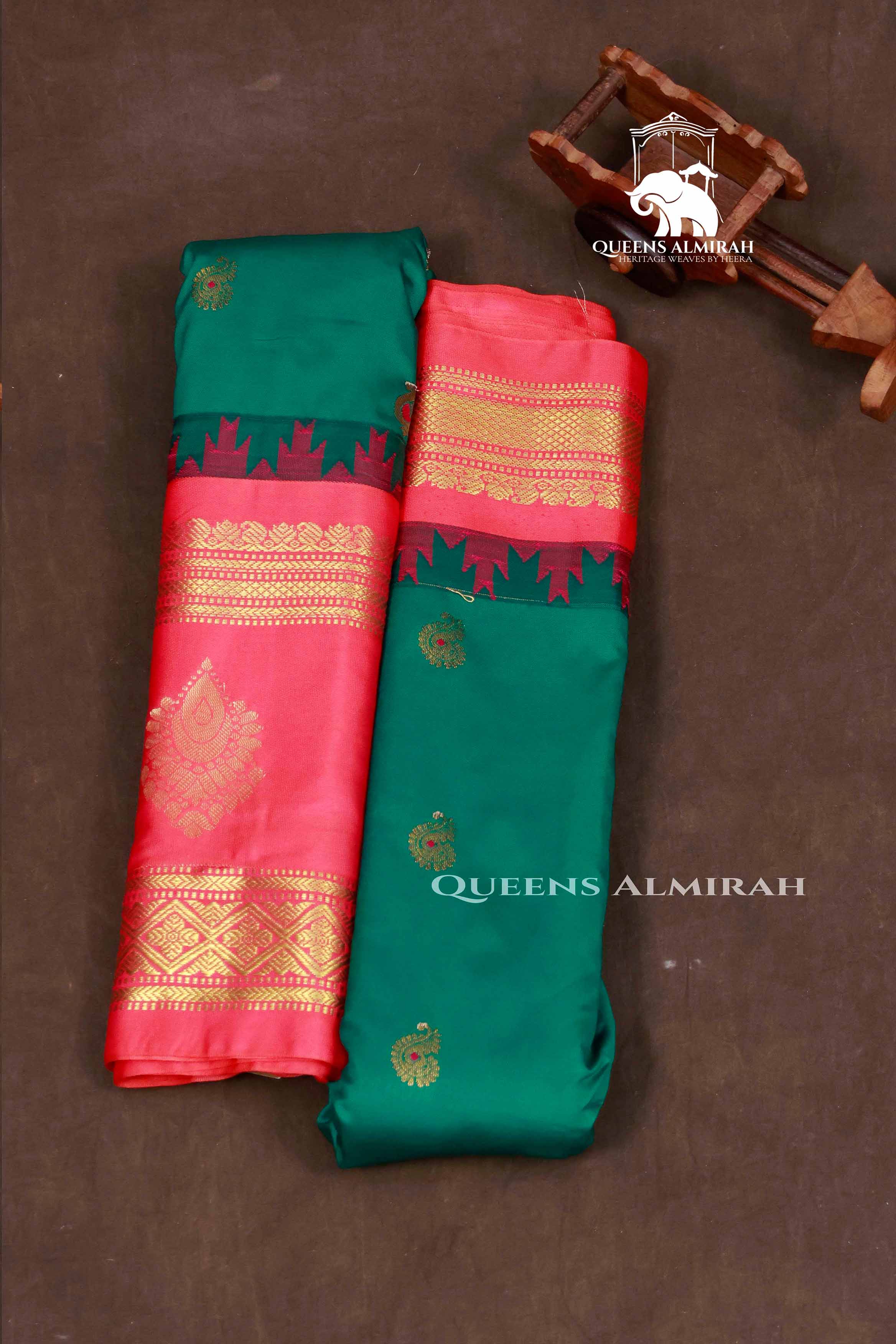 Green And Red Long And Short Border Semi Gadwal Silk Saree