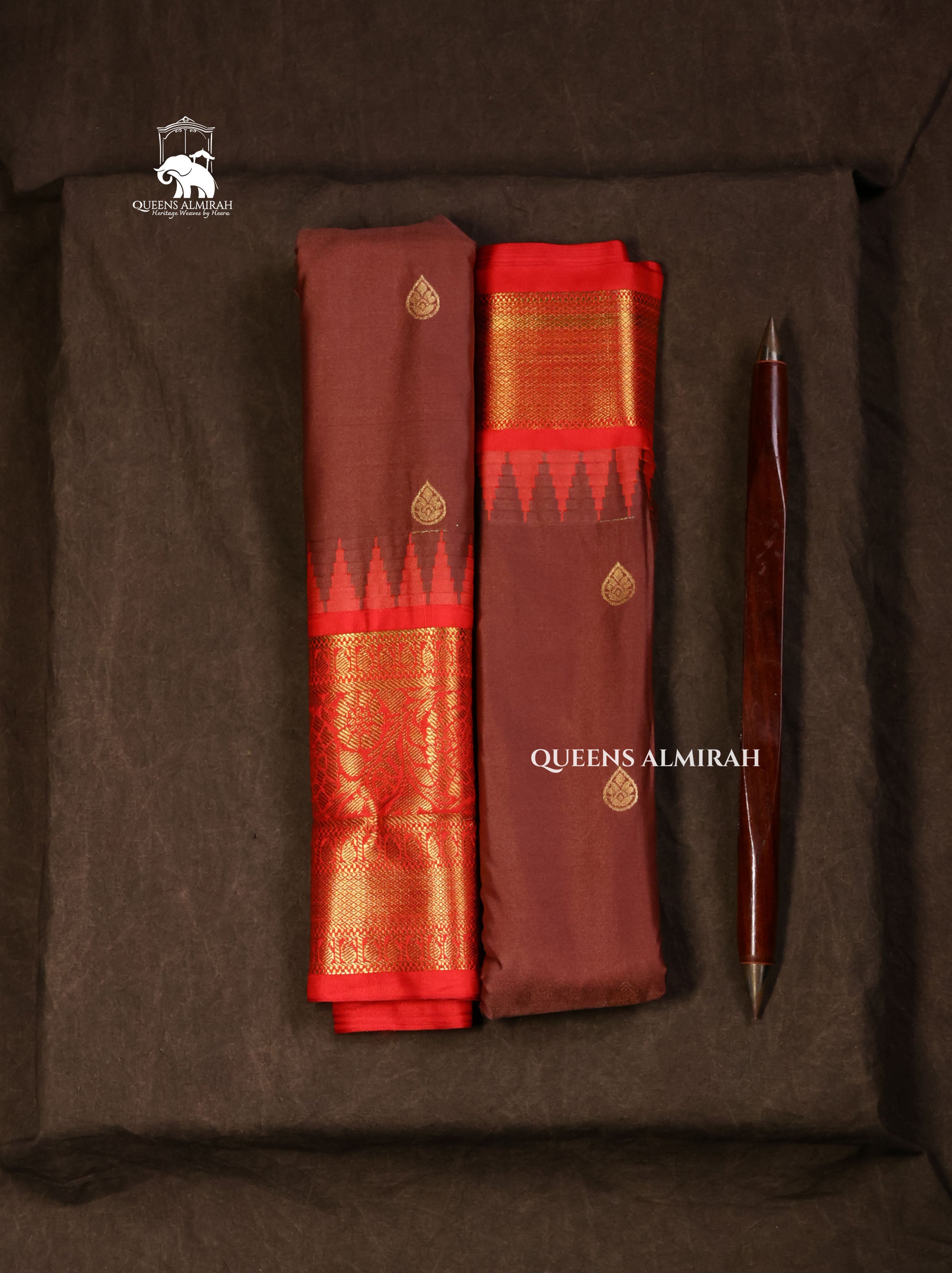 Brown With Red Semi Gadwal Silk Saree