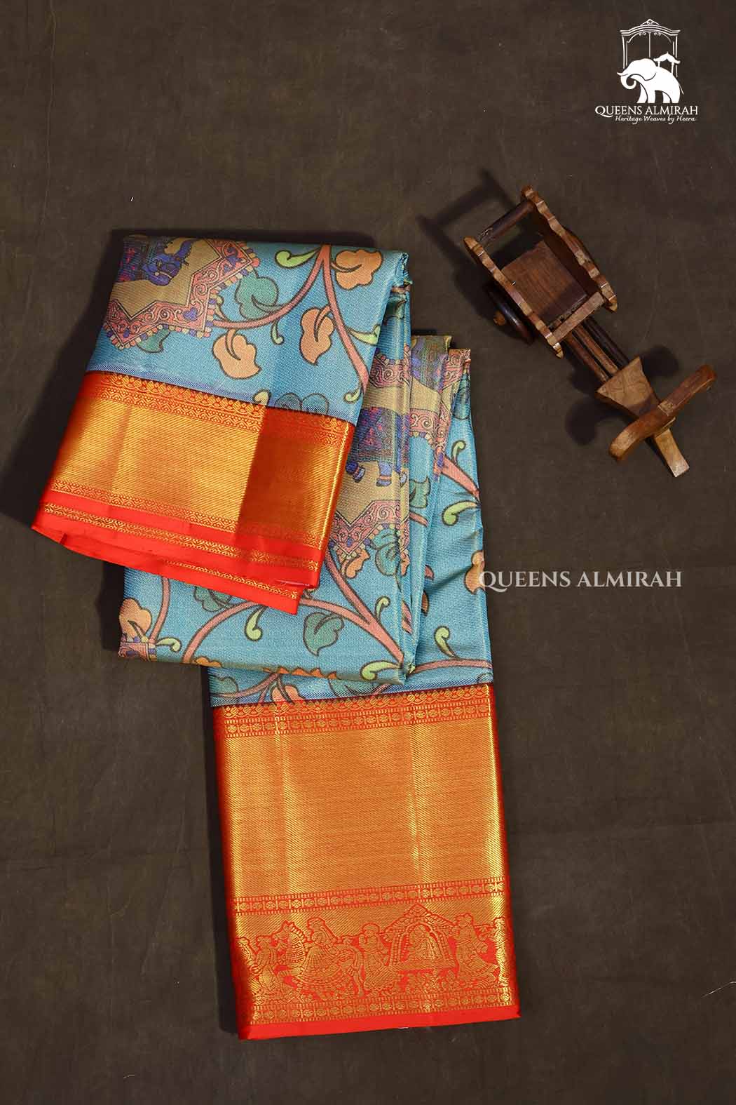 Blue Kalamkari Print With Red Long And Short Border Pure Kanchivaram Silk Saree