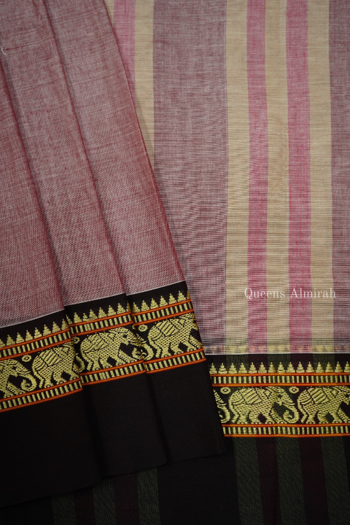 ONION PINK WITH CHOCOLATE BROWN BORDER  NARAYANPET COTTON SAREE - Queens Jewel Emporium