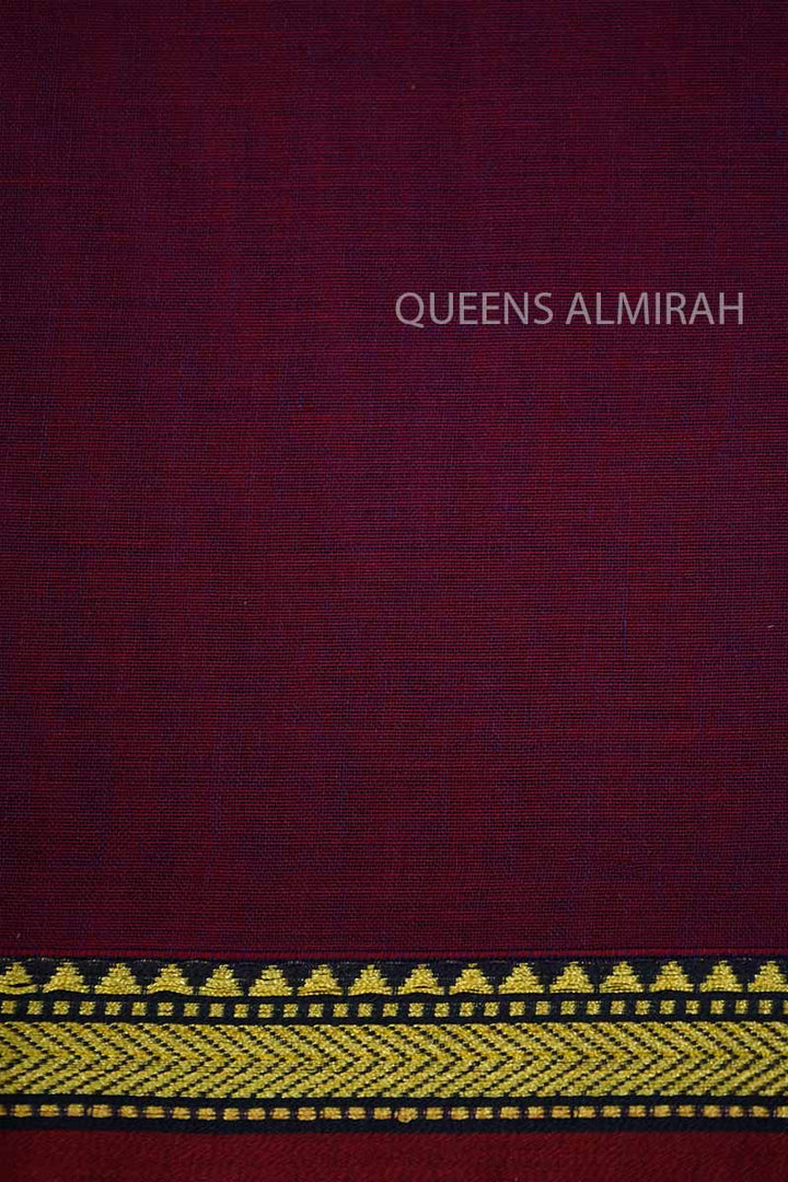 BURGUNDY WITH THIN BLACK BORDER  NARAYANPET COTTON SAREE - Queens Jewel Emporium
