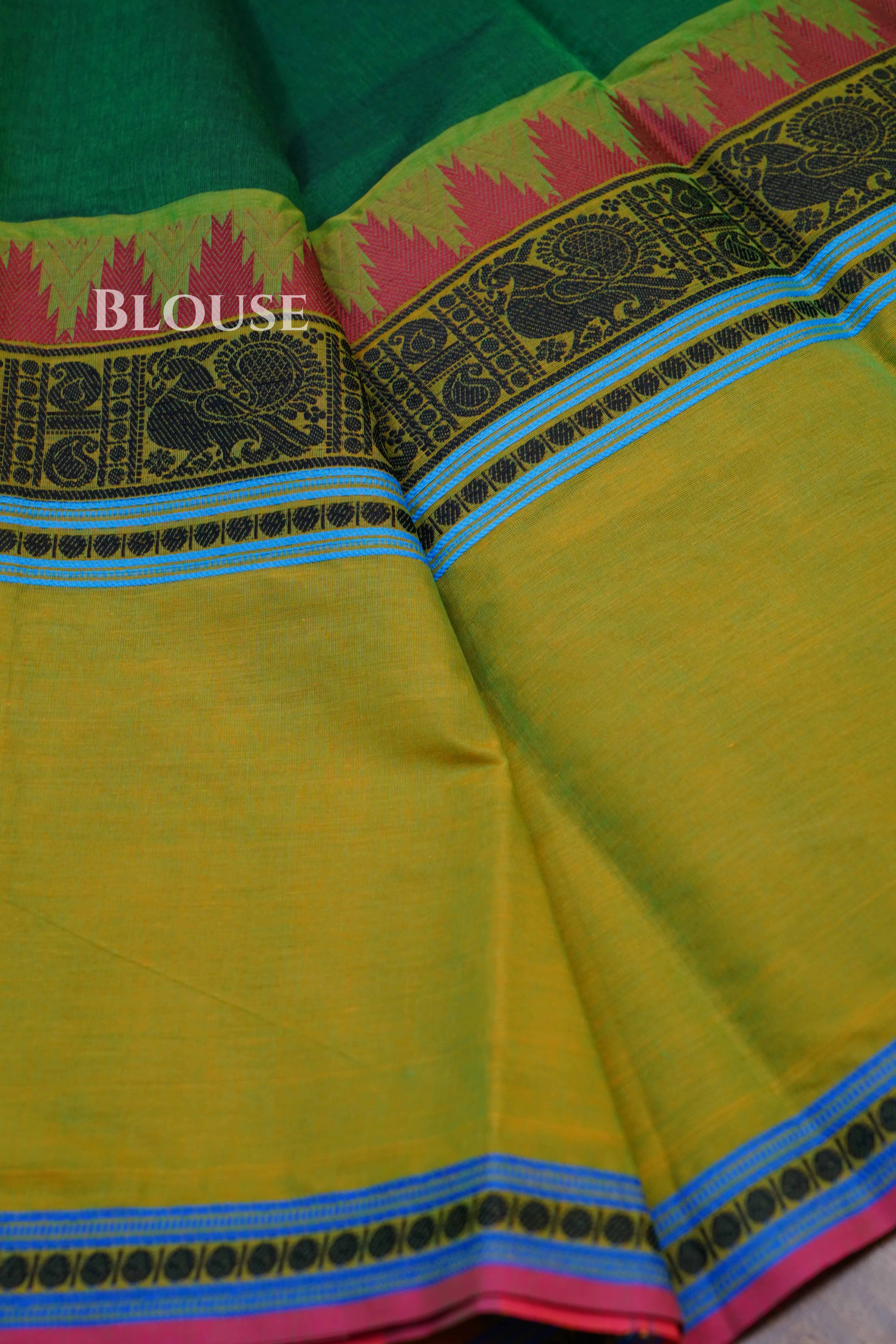 Dark Leaf Green With Pachai Payaru Green Chettinad Cotton Saree