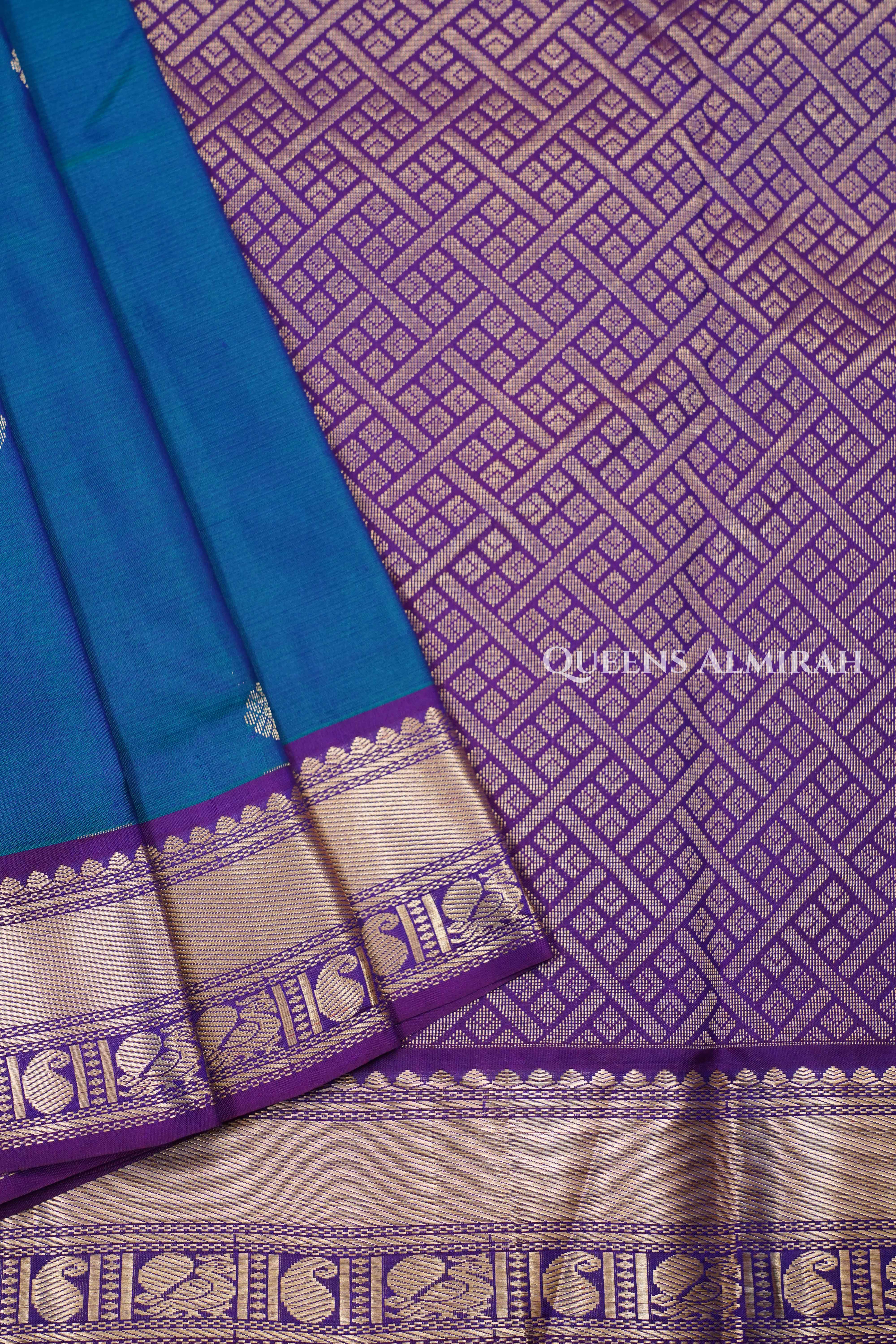 Teal Blue With Purple Pure Kanchivaram Silk Saree