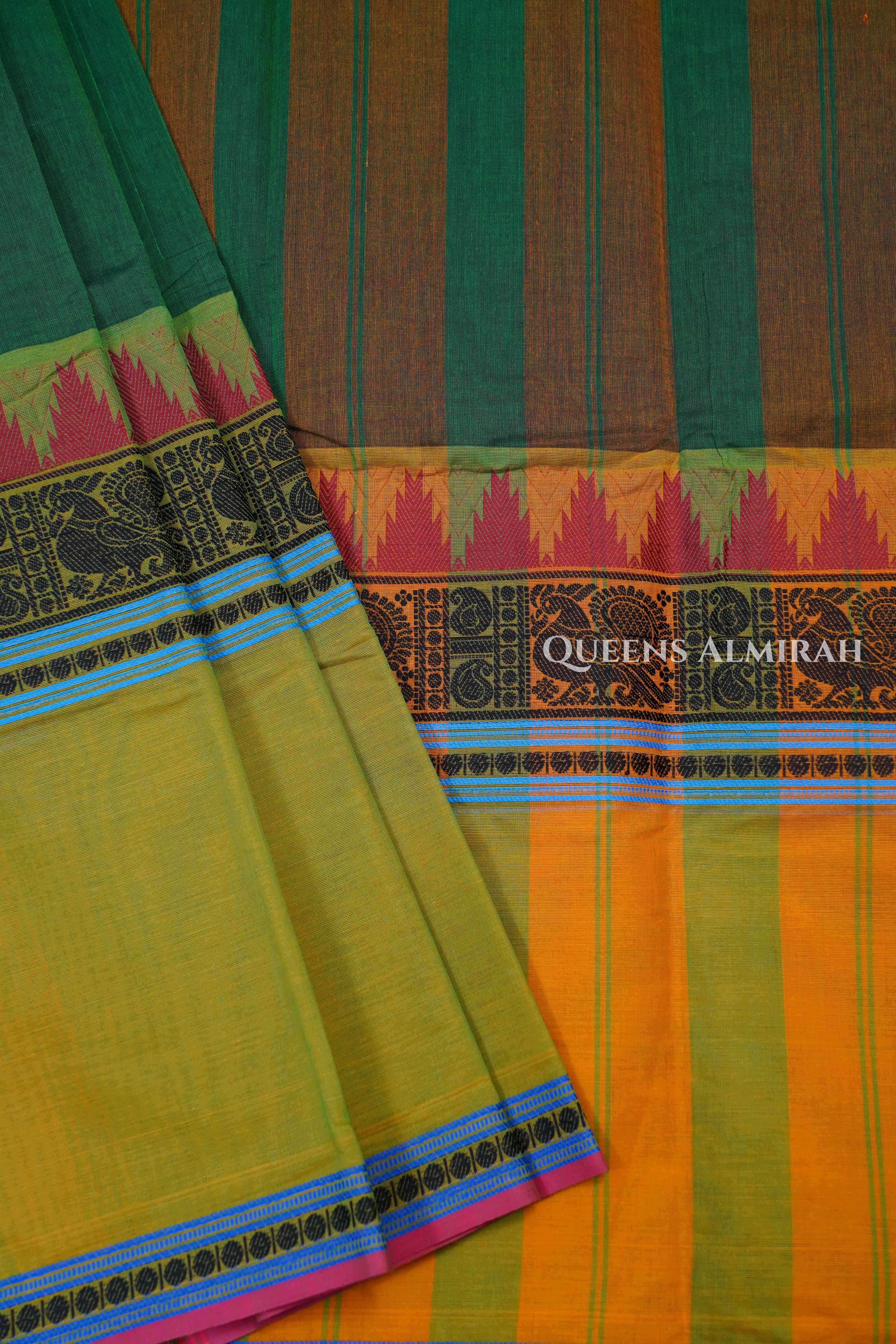 Dark Leaf Green With Pachai Payaru Green Chettinad Cotton Saree