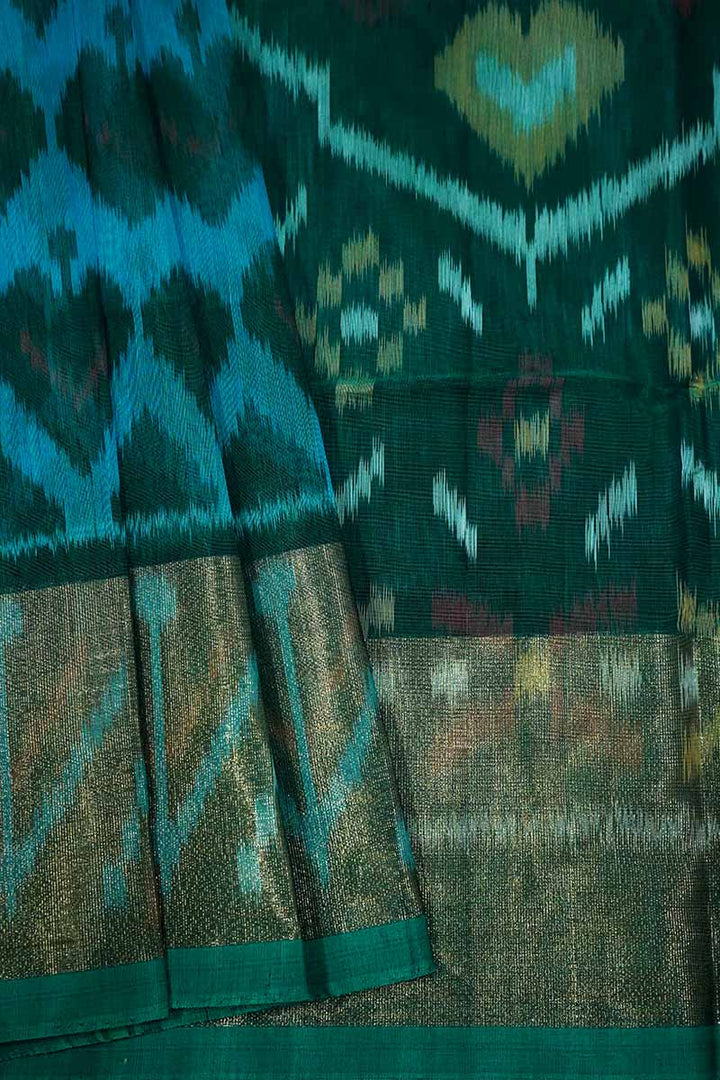 PURE SILK COTTON SAREE - TEAL GREEN WITH LEAF GREEN - Queens Jewel Emporium