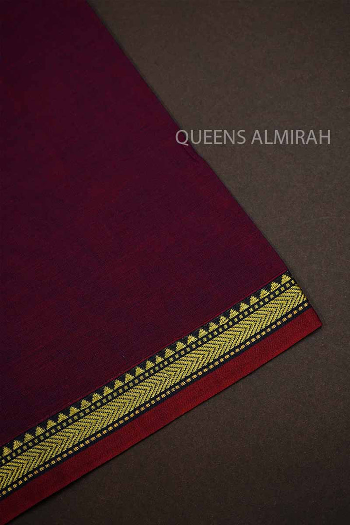 BURGUNDY WITH THIN BLACK BORDER  NARAYANPET COTTON SAREE - Queens Jewel Emporium
