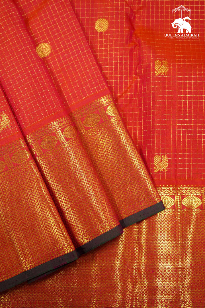 PINKISH ORANGE WITH WOVEN BORDER KANCHIVARAM SILK SAREE - Queens Jewel Emporium