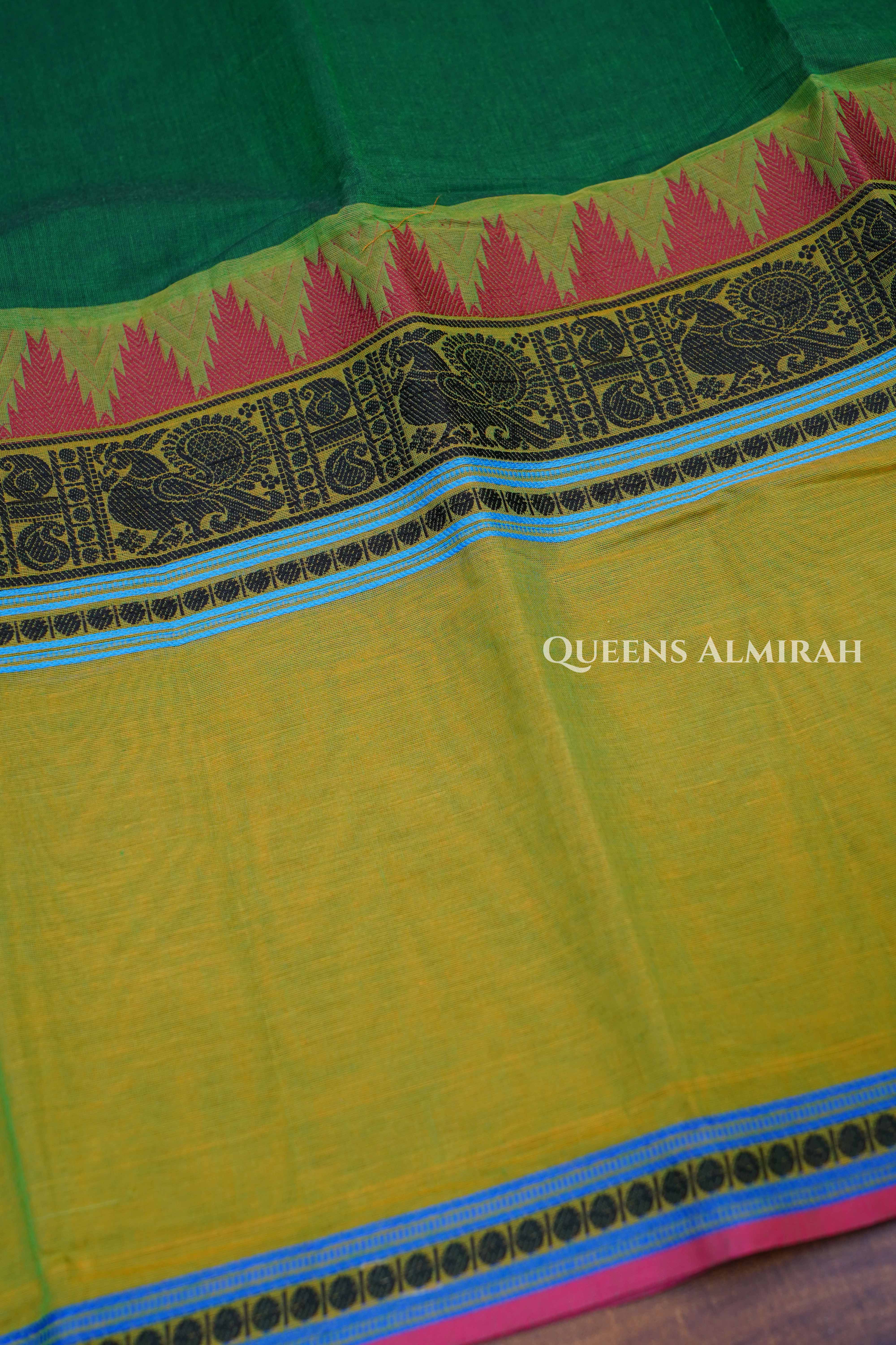 Dark Leaf Green With Pachai Payaru Green Chettinad Cotton Saree
