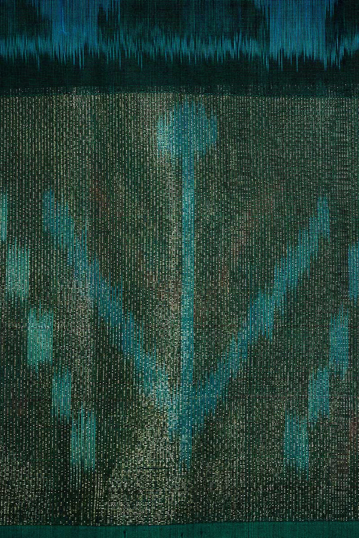 PURE SILK COTTON SAREE - TEAL GREEN WITH LEAF GREEN - Queens Jewel Emporium