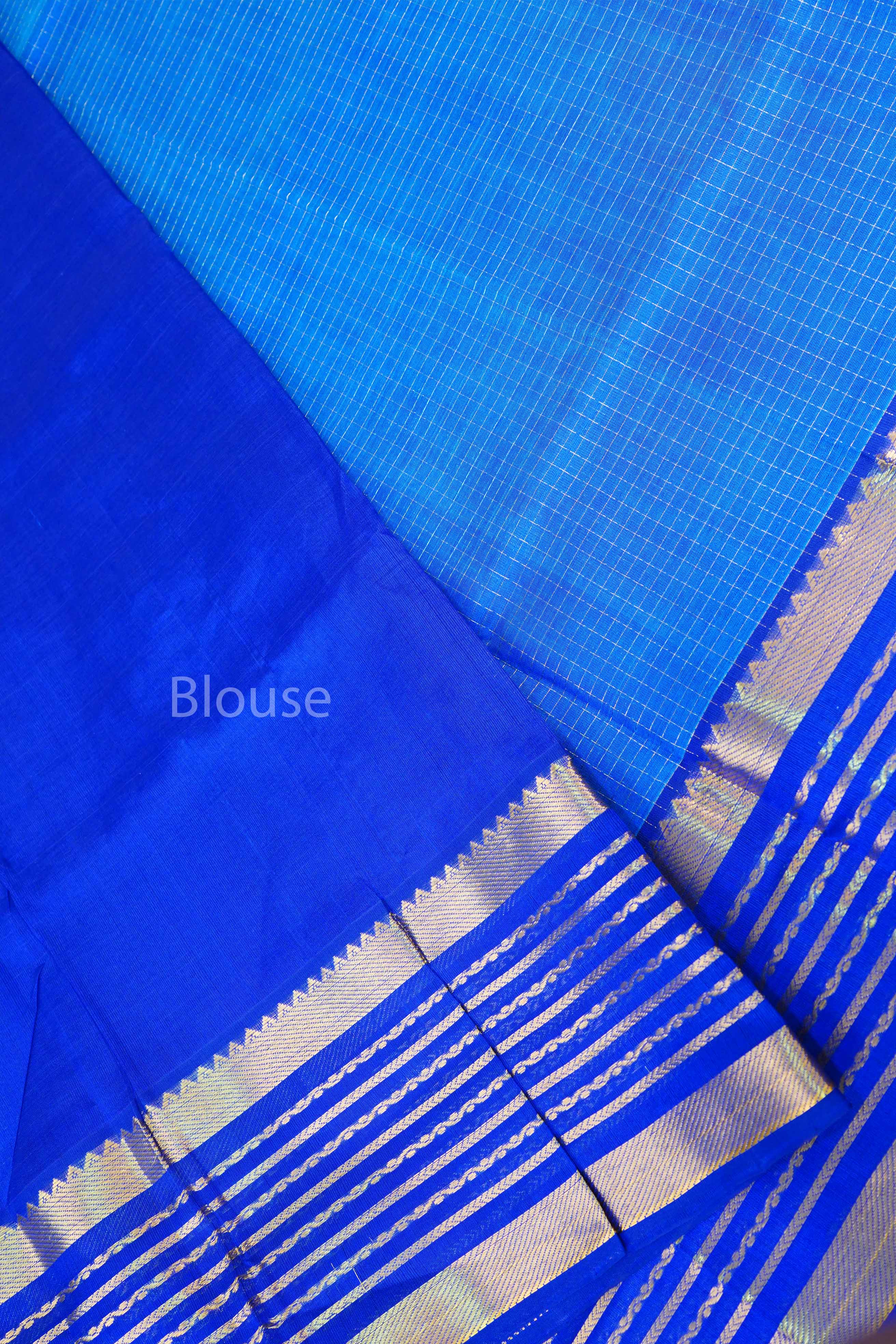 Sea Blue Kattam With Blue Varisapet Border Pure Silk Cotton Saree