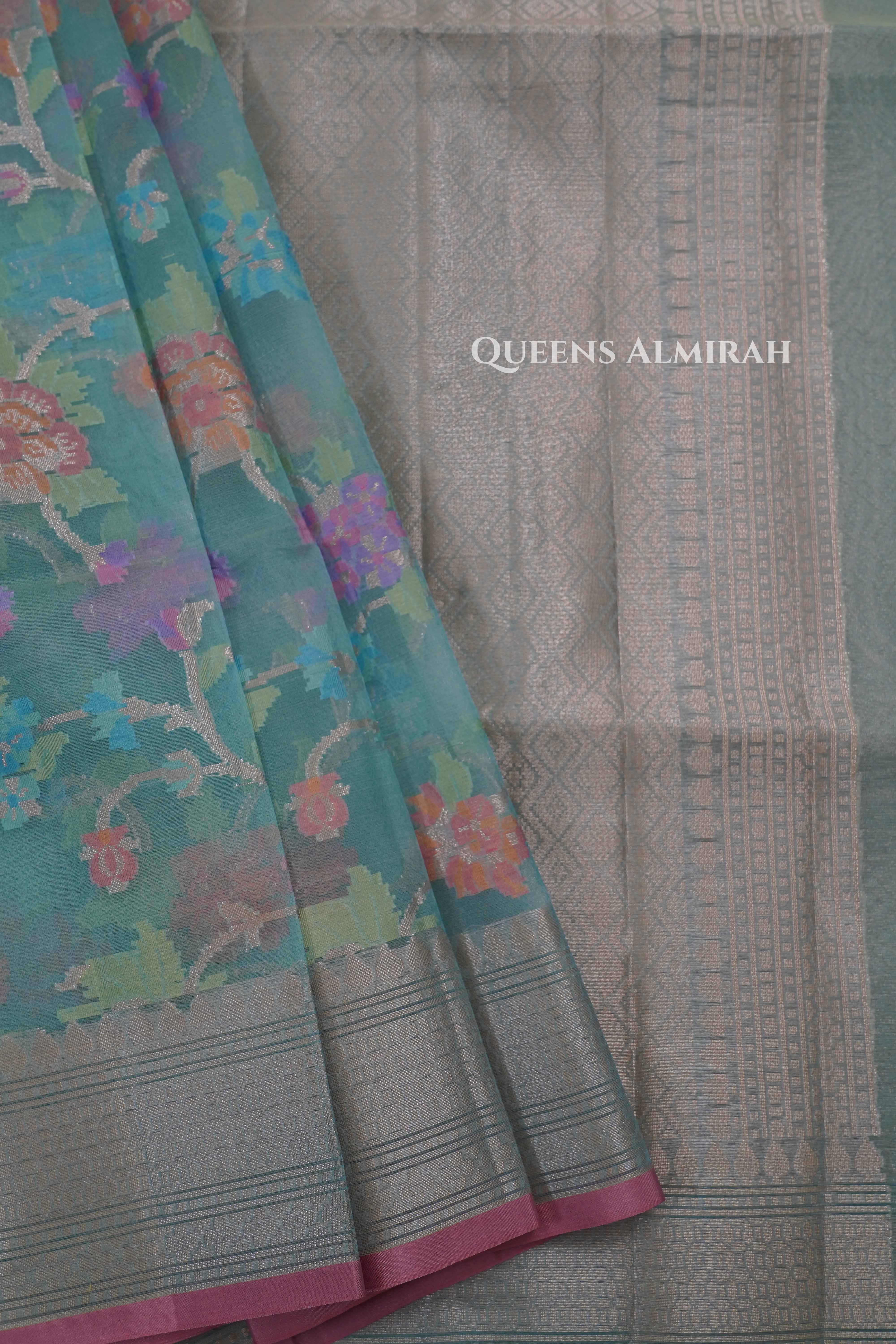 Sea Blue Semi Banarasi Organza Saree