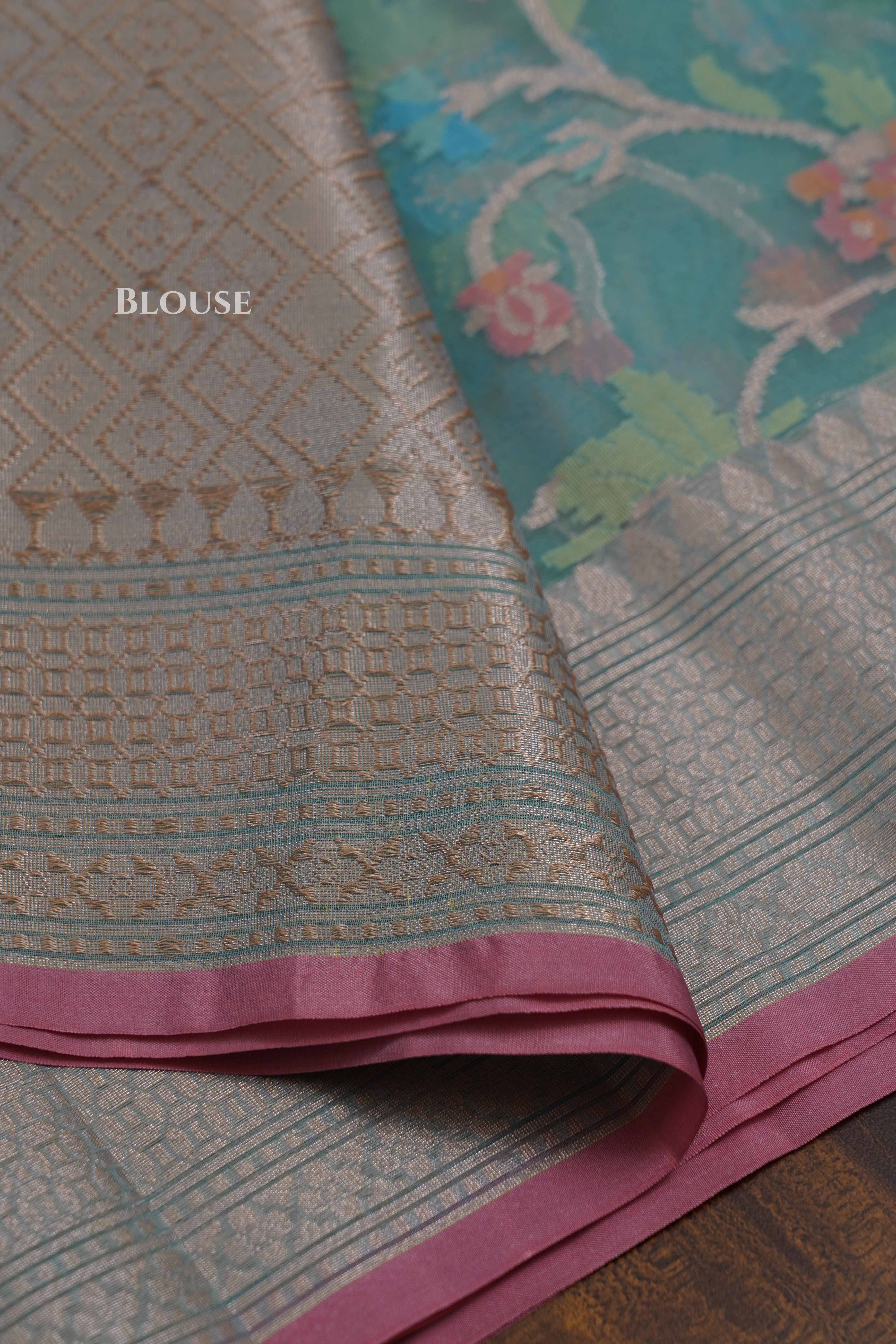 Sea Blue Semi Banarasi Organza Saree