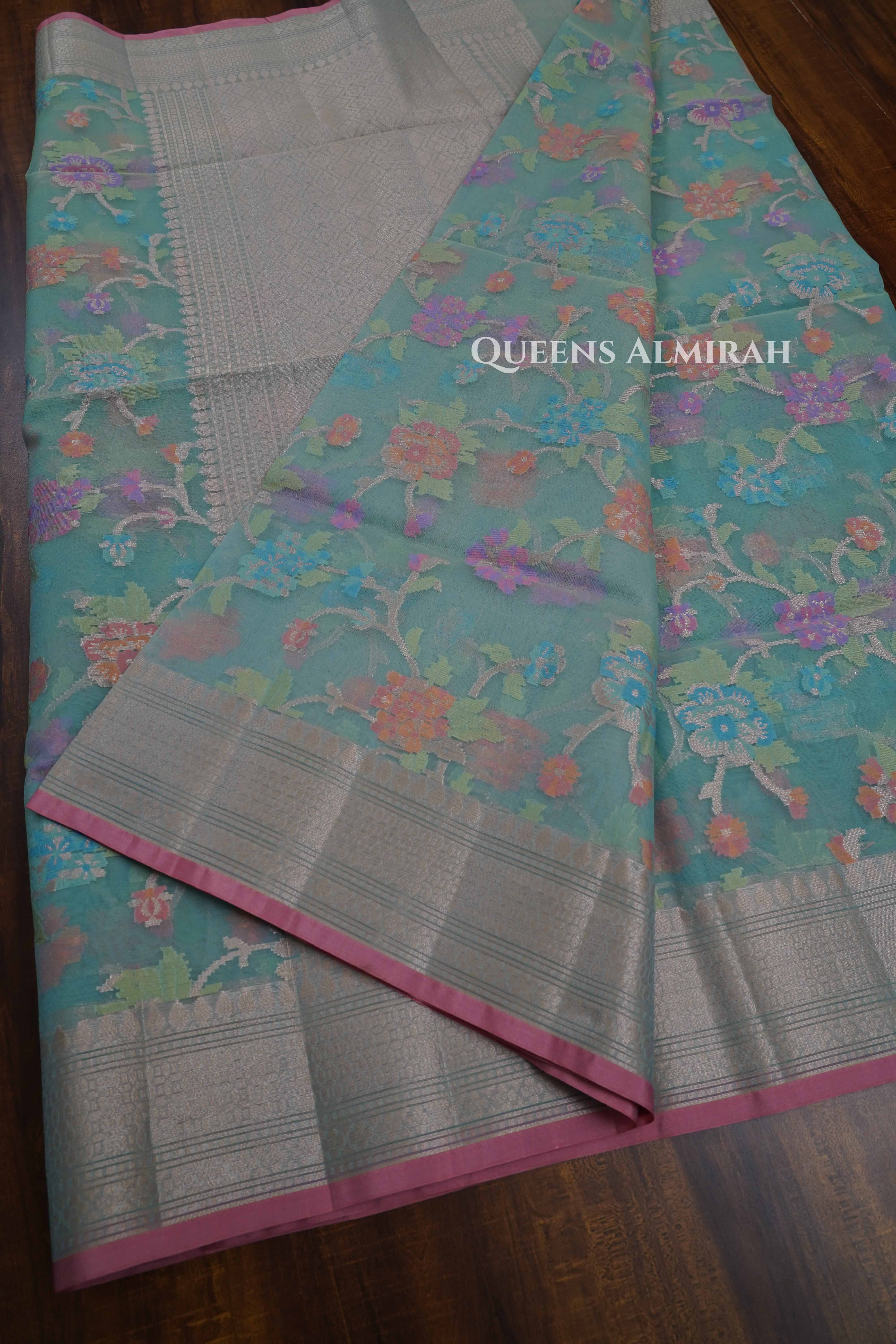 Sea Blue Semi Banarasi Organza Saree