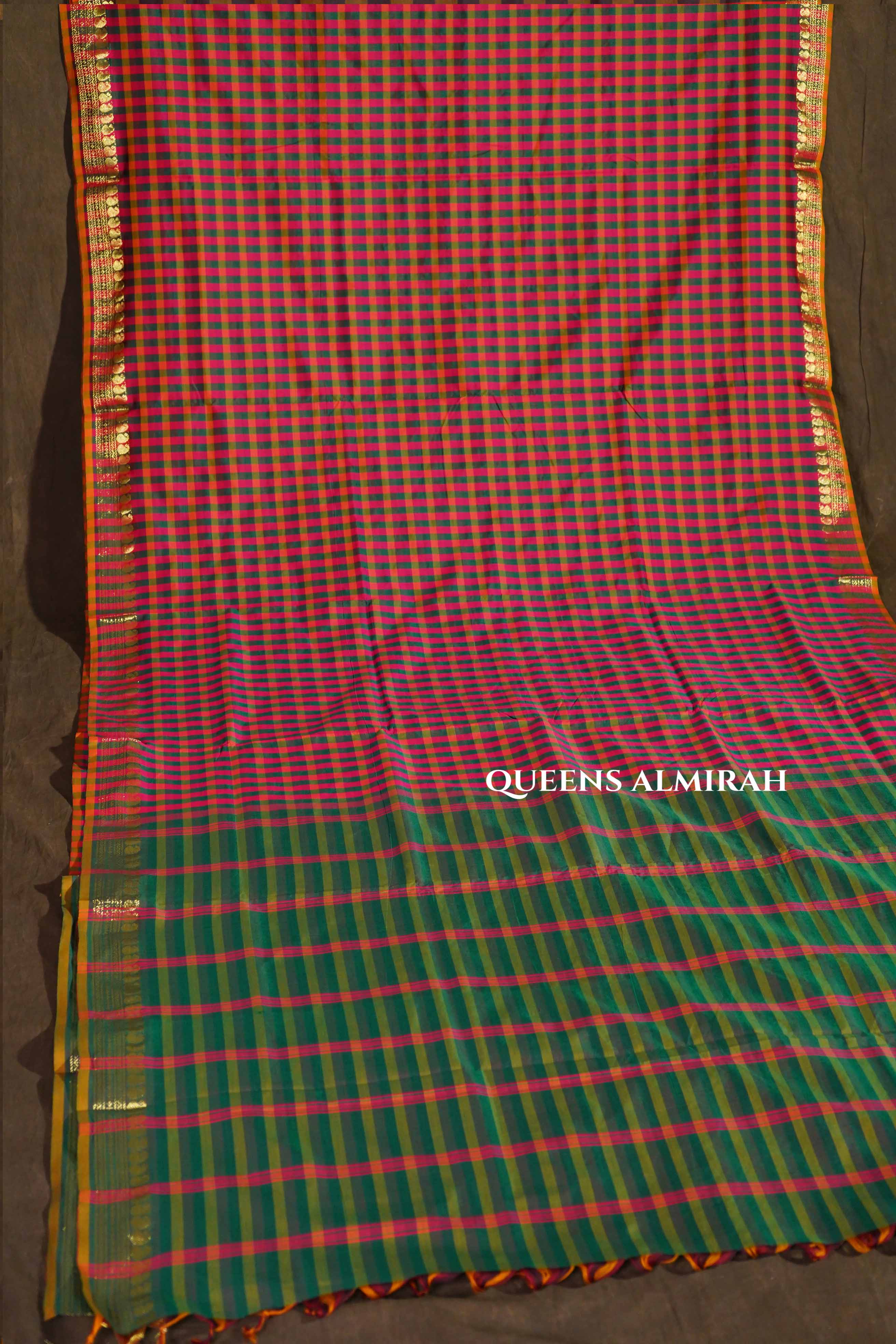 Red And Green Checks Semi Silk Cotton Saree