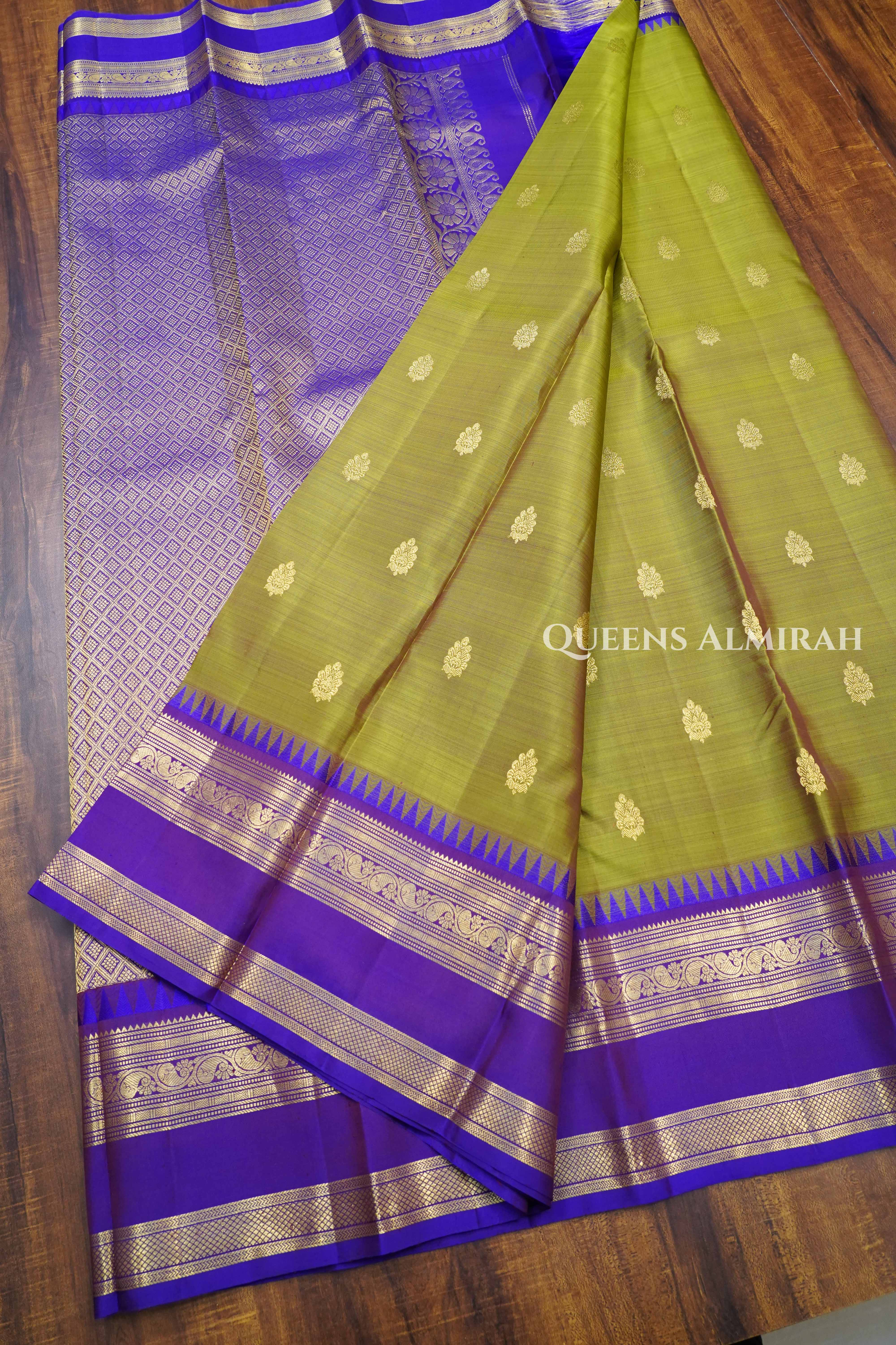 Olive Yellow With Purple Pure Kanchivaram Silk Saree