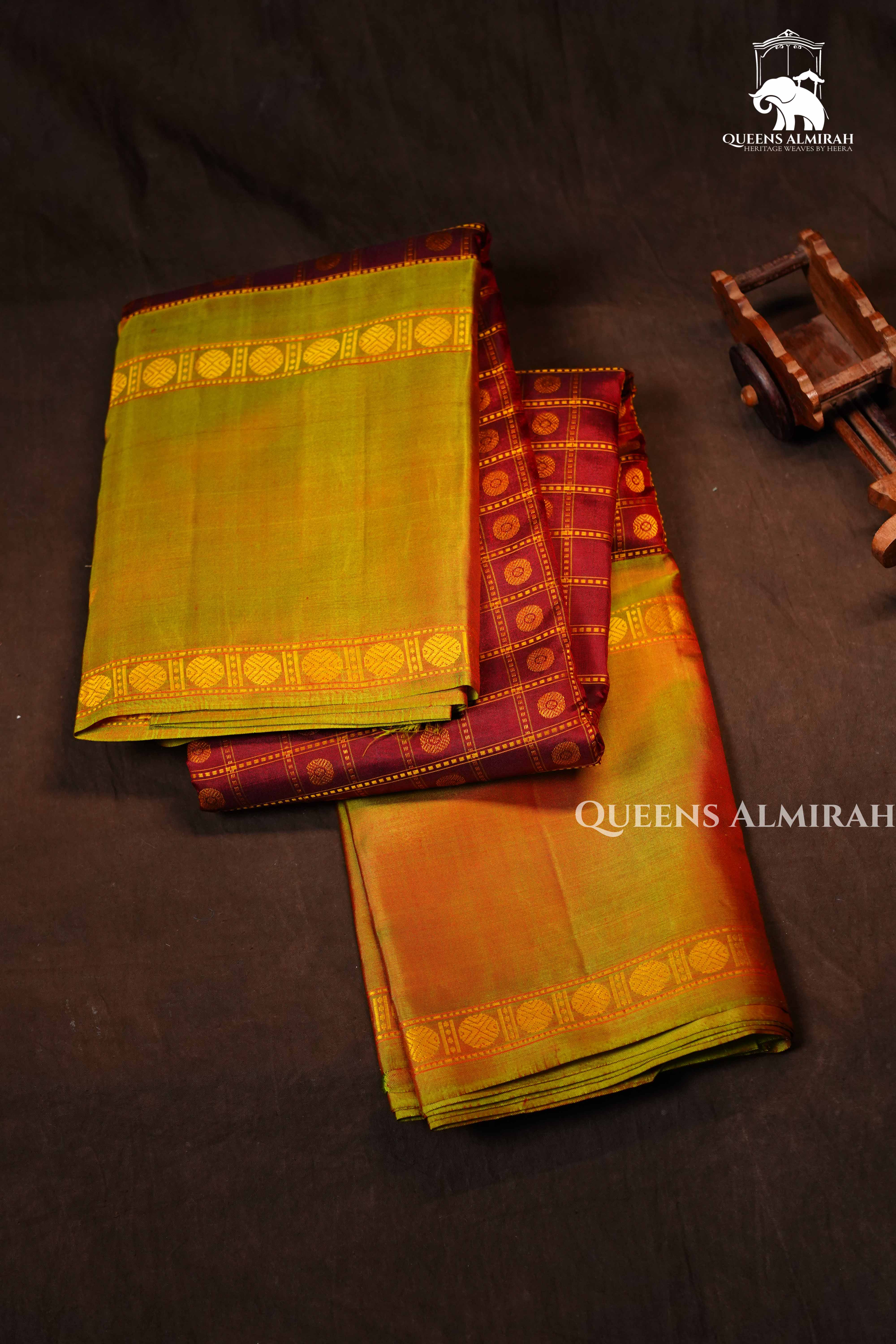 Kumkum Red With Greenish Yellow Pure Kanchivaram Silk Saree