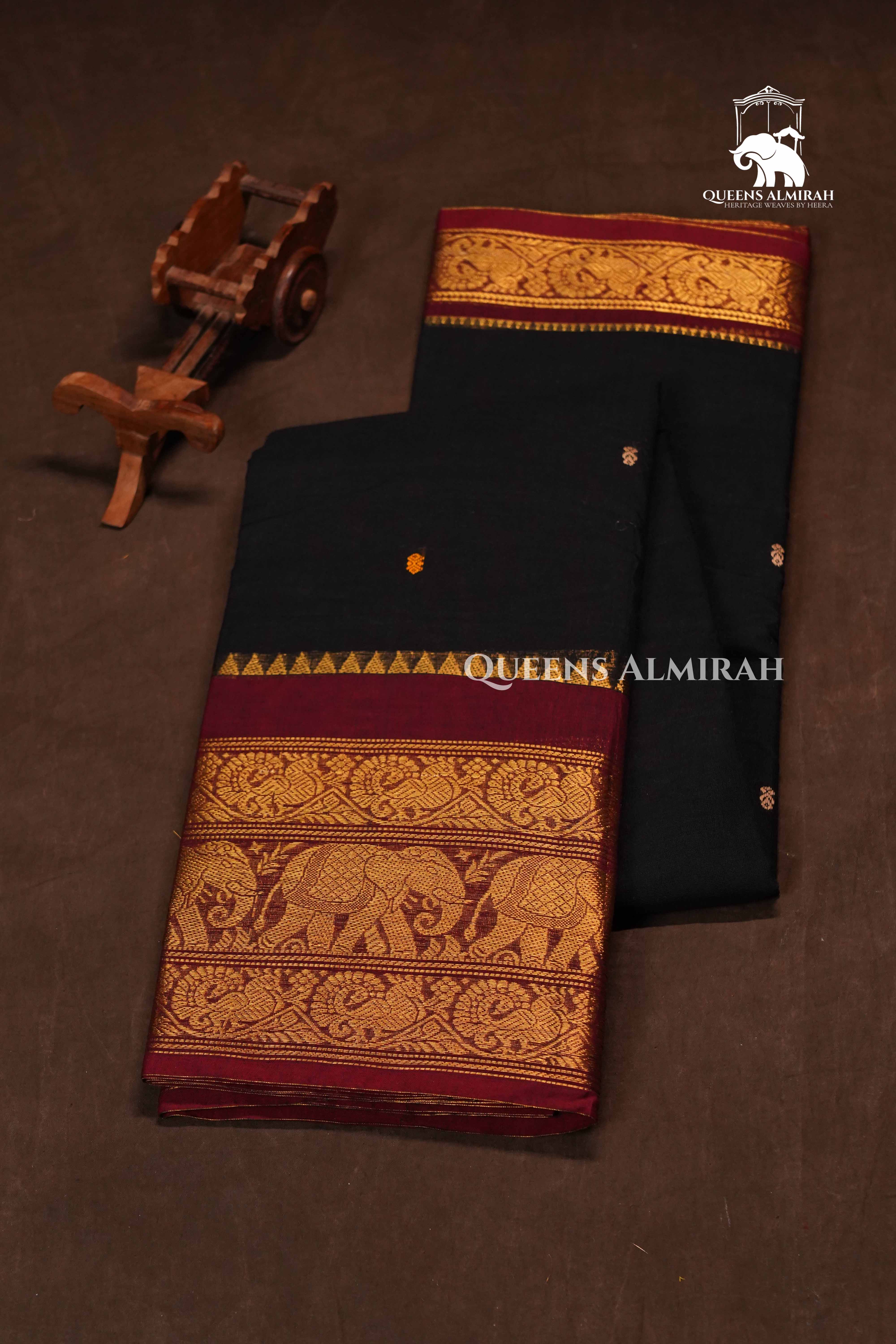 Black With Maroon Kanchi Cotton Saree