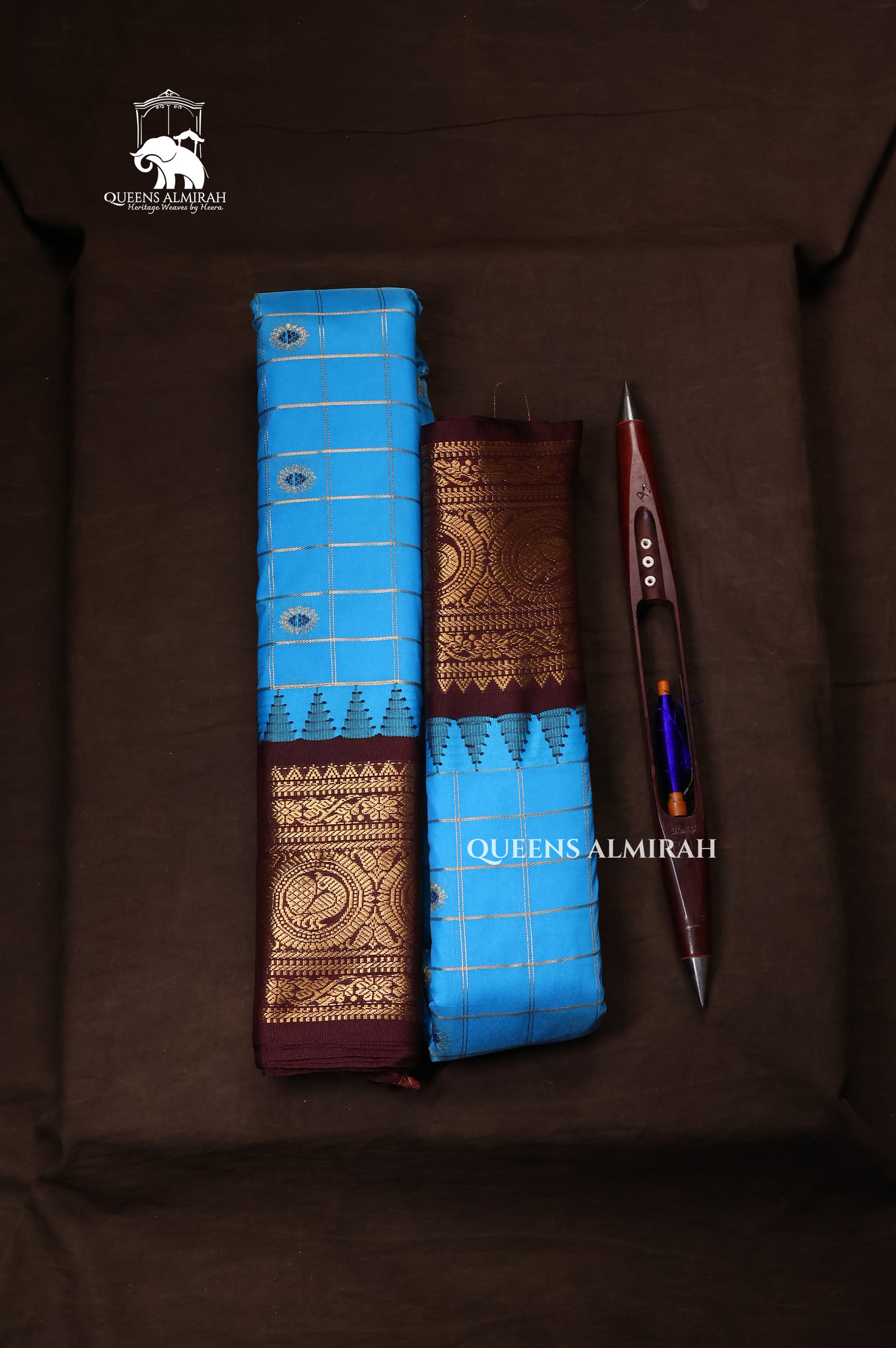 Blue Kattam Butta With Brown Semi Gadwal Silk Saree