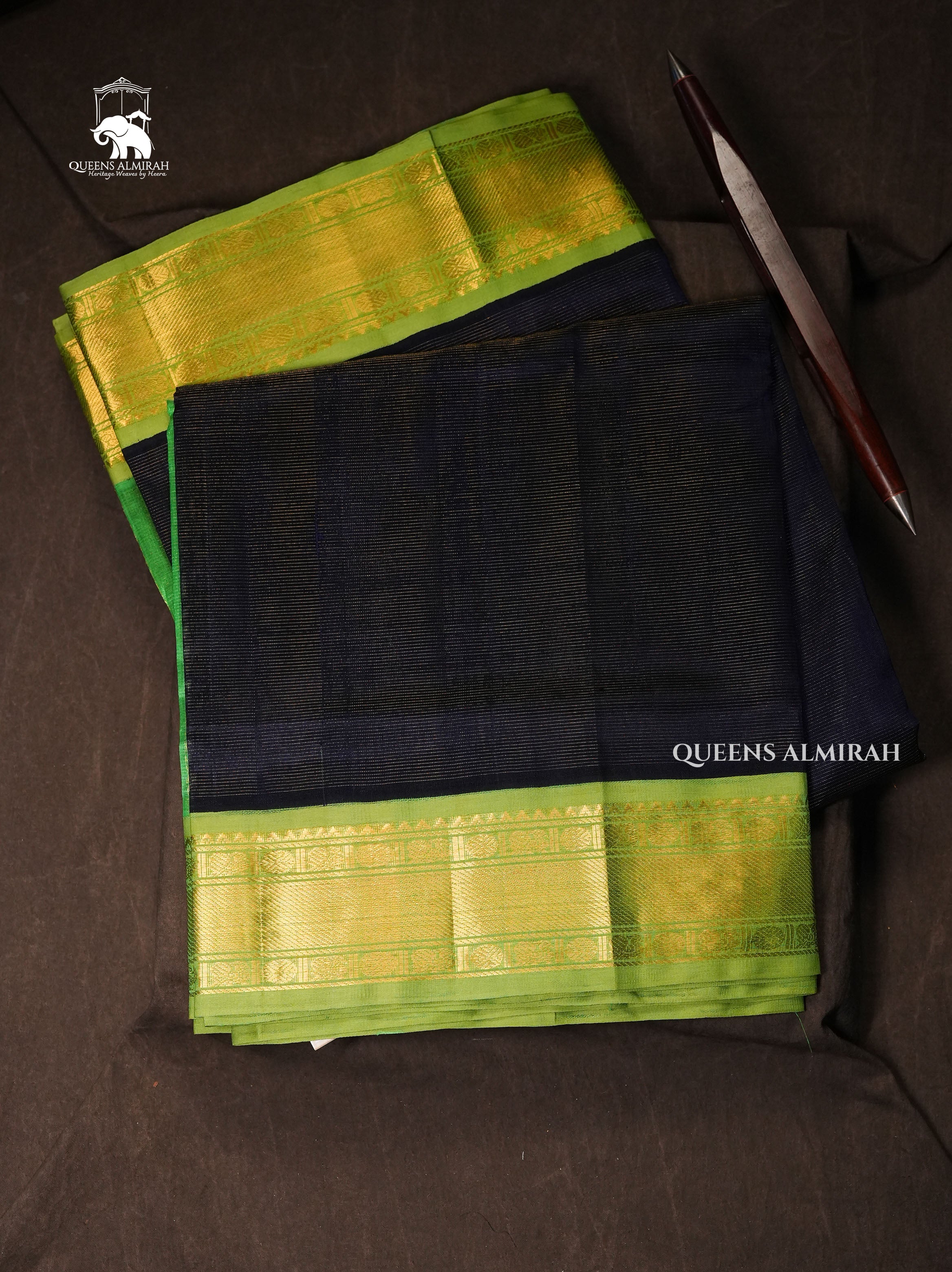 Navy Blue With Green Pure Silk Cotton Saree