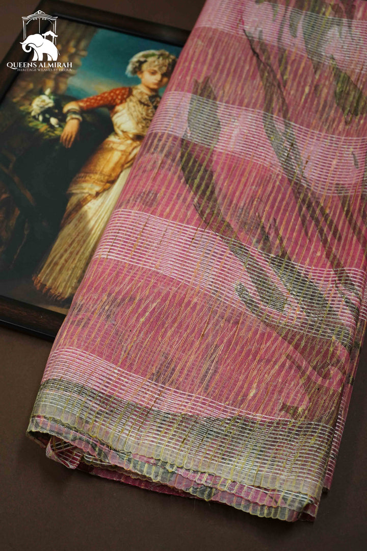 TULIP PINK MARBLE PRINT GHICHA ORAGANZA SAREE - Queens Jewel Emporium
