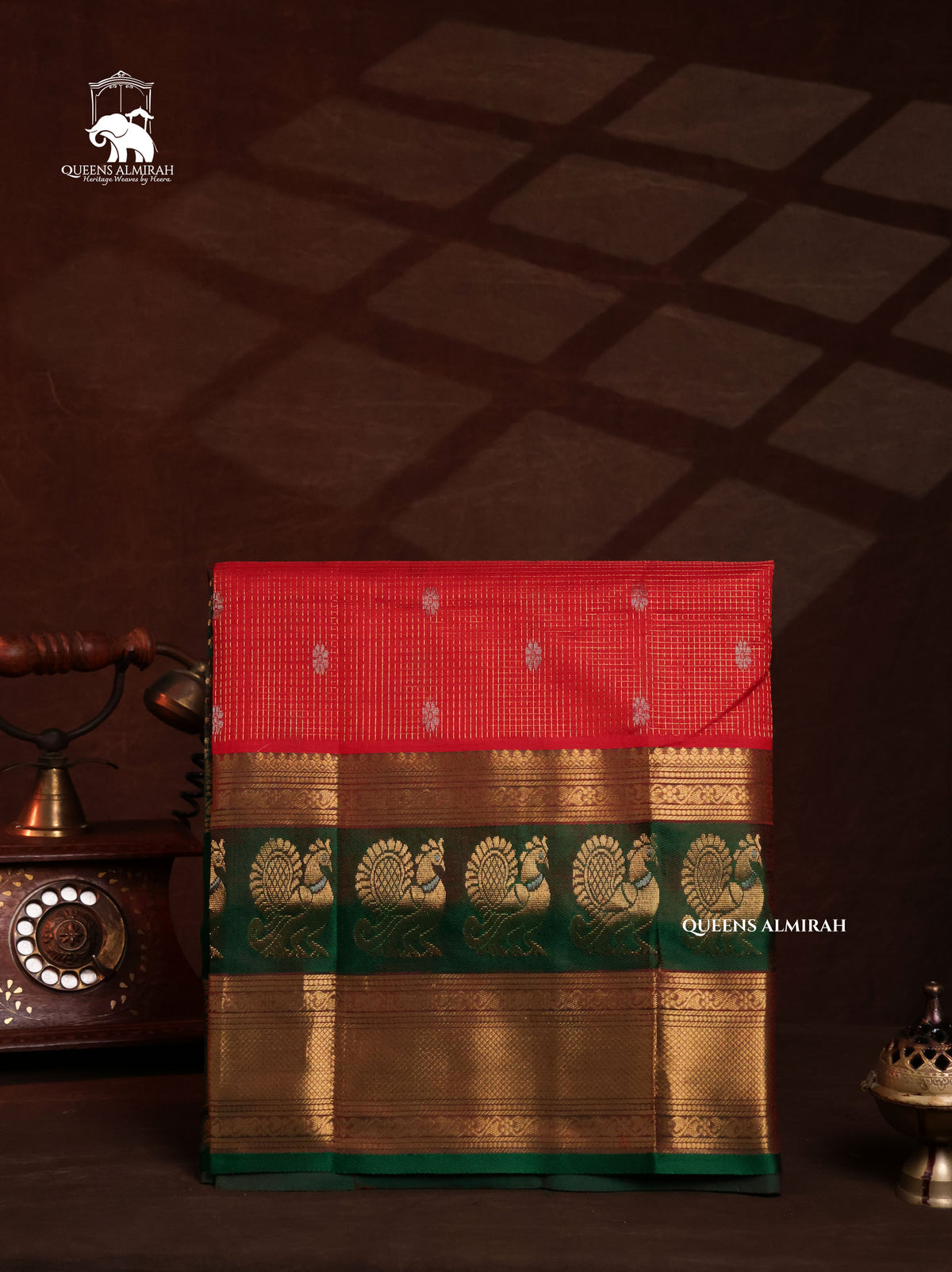 Red With Green Peacock Border Pure Silk Cotton Saree