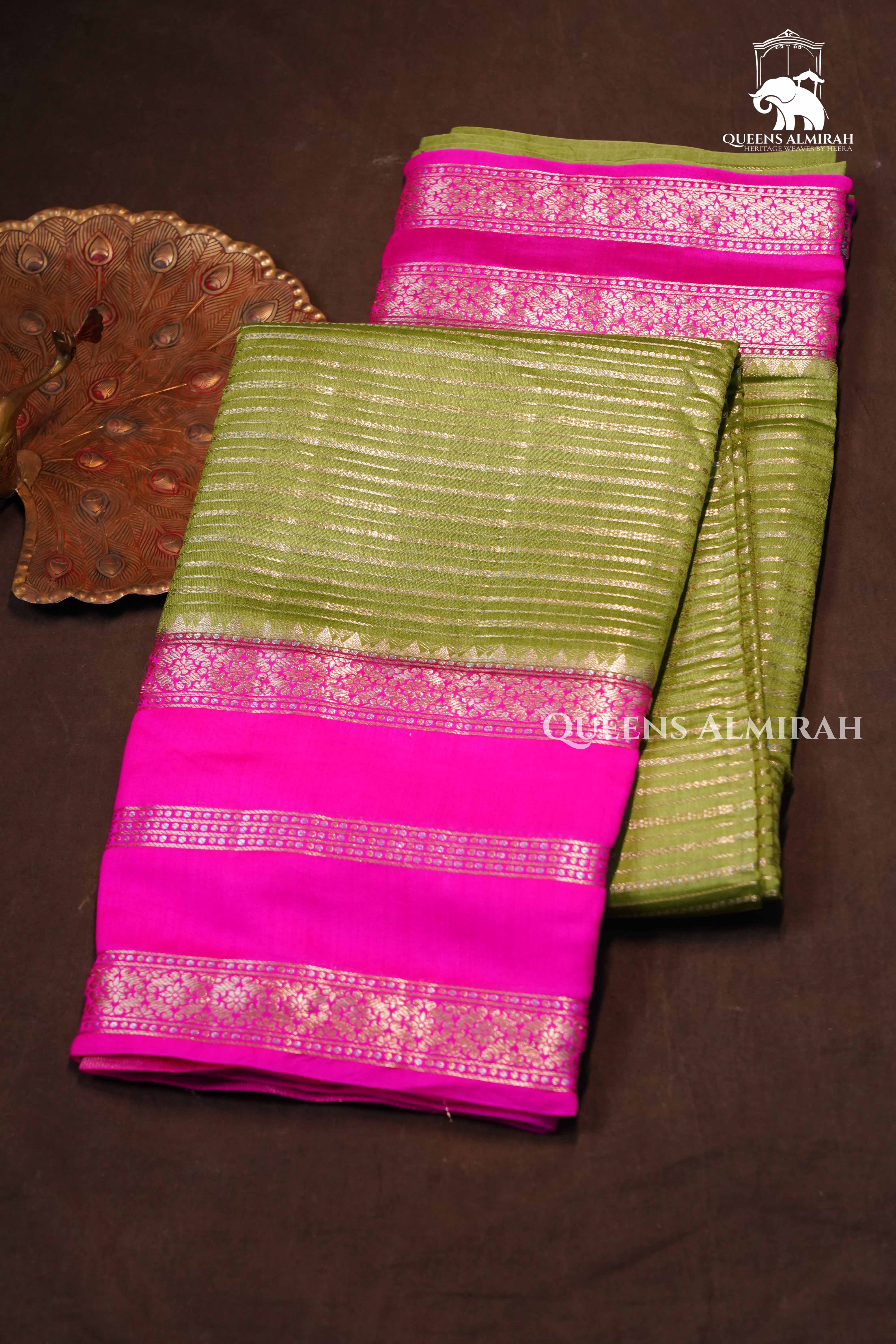 Olive Green With Pink Chinniya Silk Saree