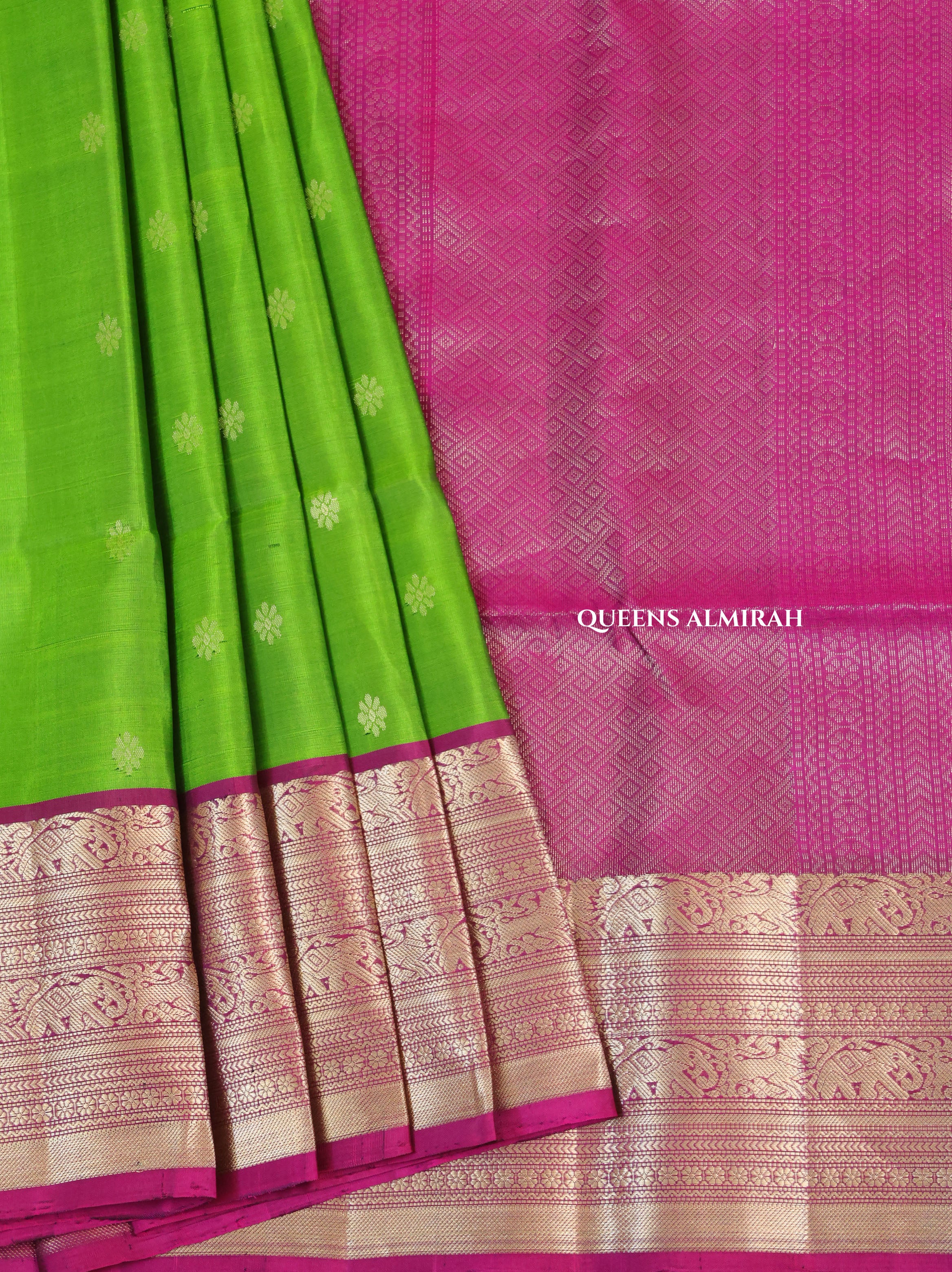 Leaf Green With Magenta Pink Pure Soft Silk Saree