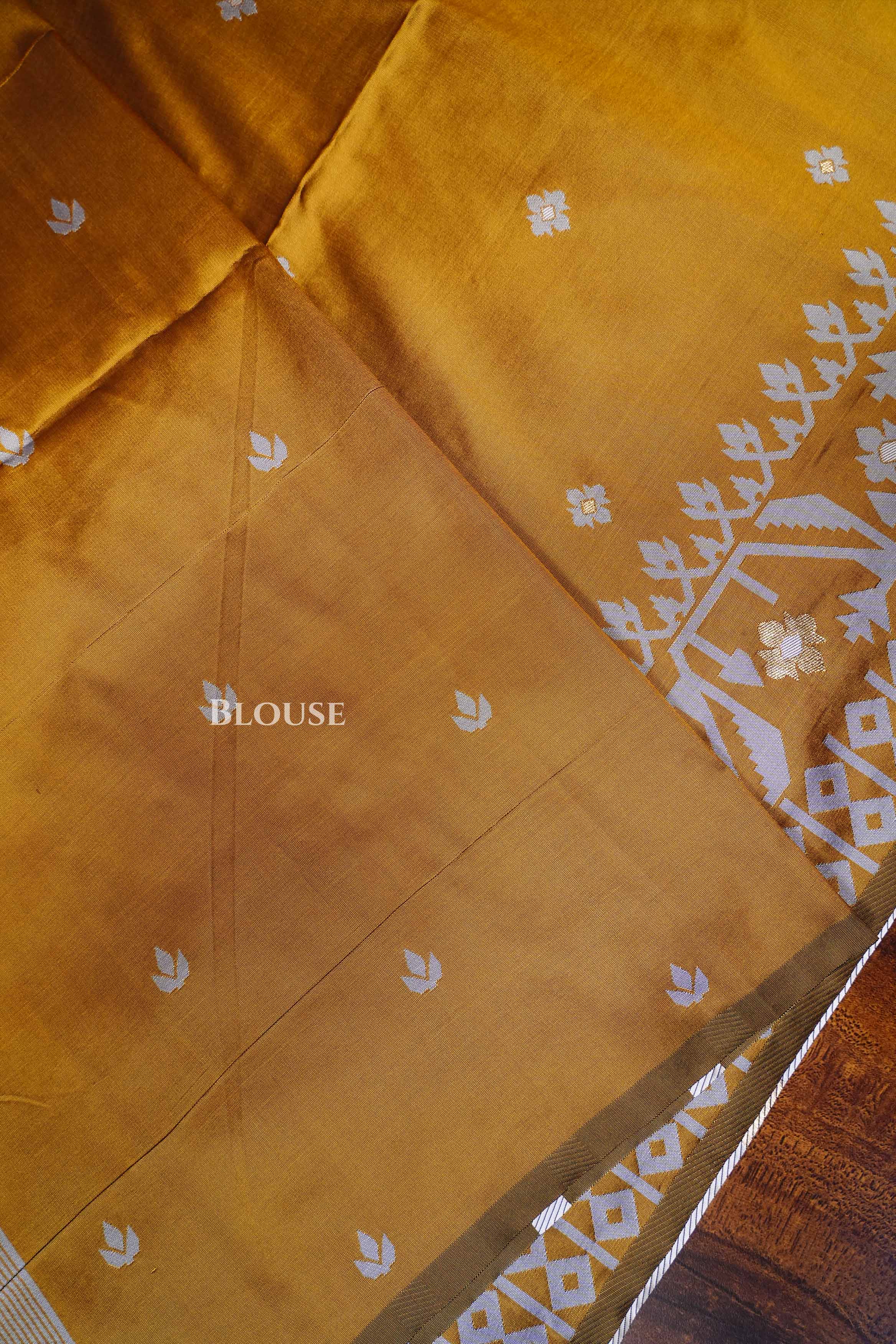 Mustard Yellow Jamdani Butter Silk Saree