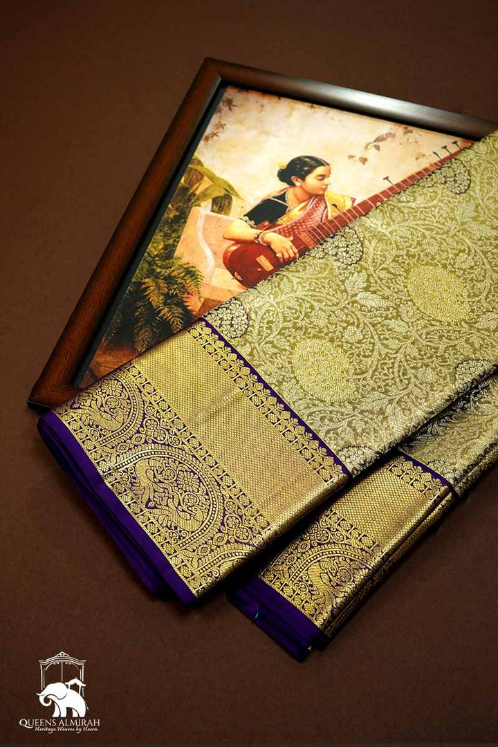 IVORY GOLD WITH VIOLET KANCHI SILK SAREE - Queens Jewel Emporium