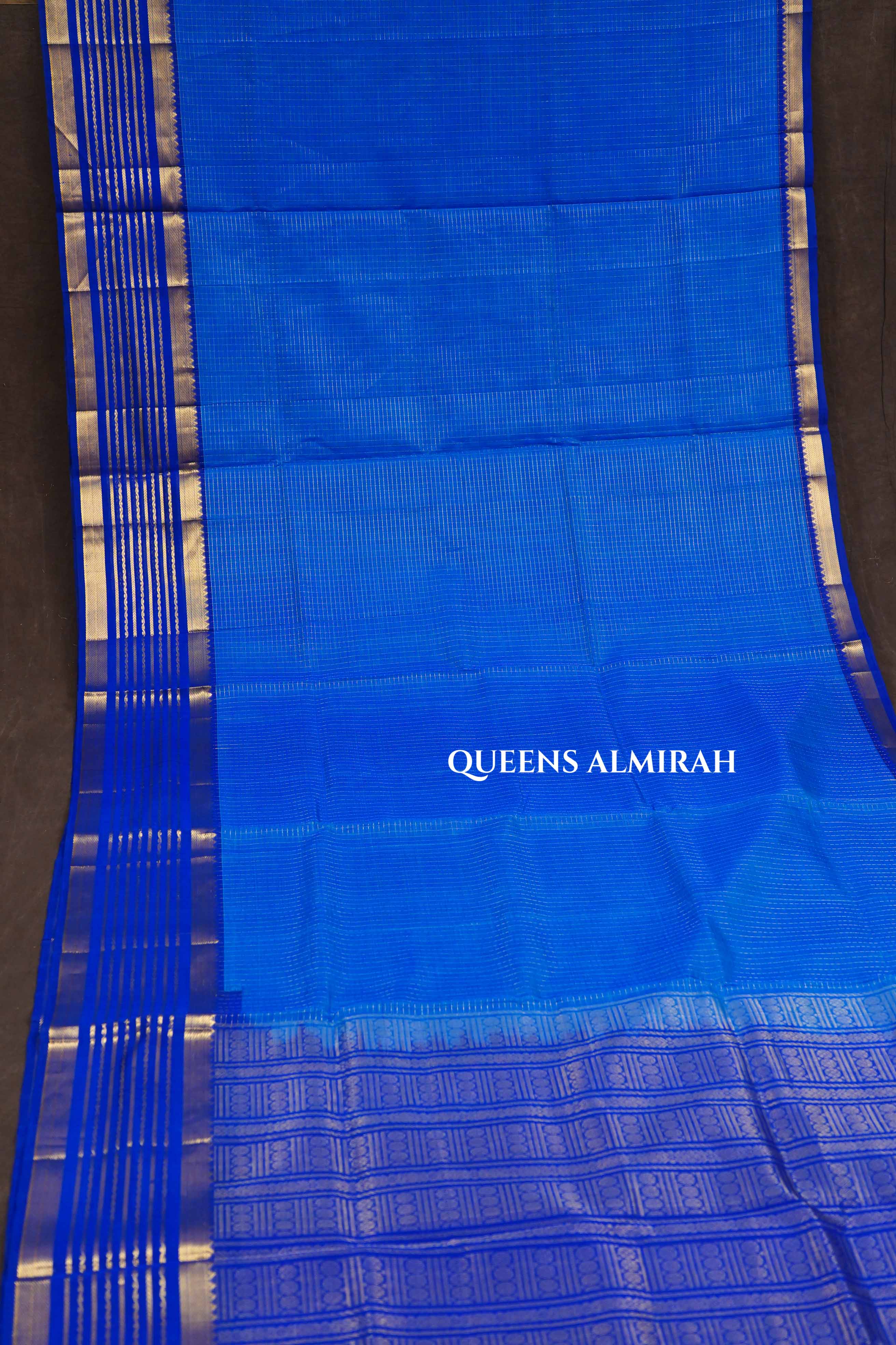 Sea Blue Kattam With Blue Varisapet Border Pure Silk Cotton Saree