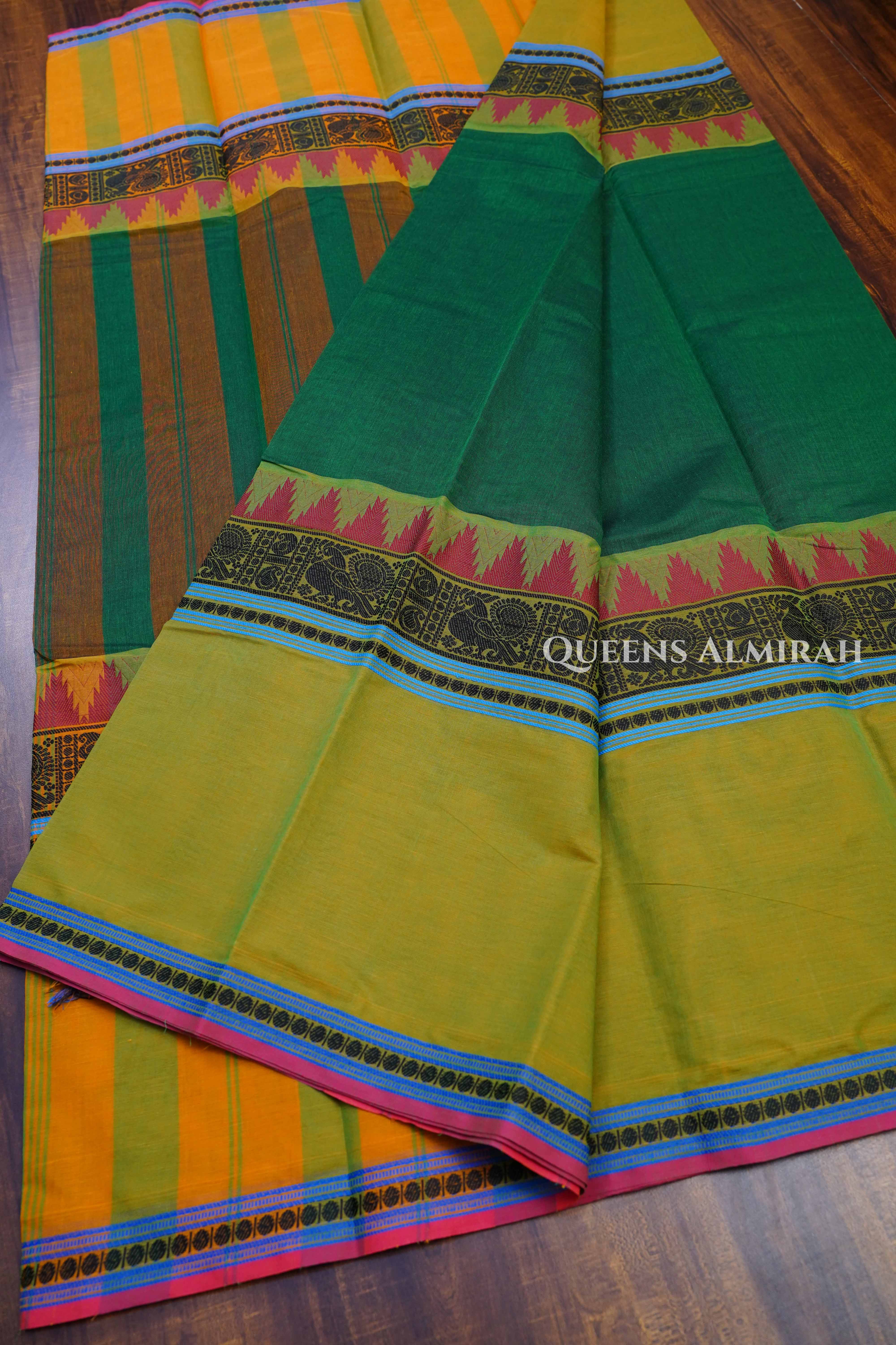 Dark Leaf Green With Pachai Payaru Green Chettinad Cotton Saree