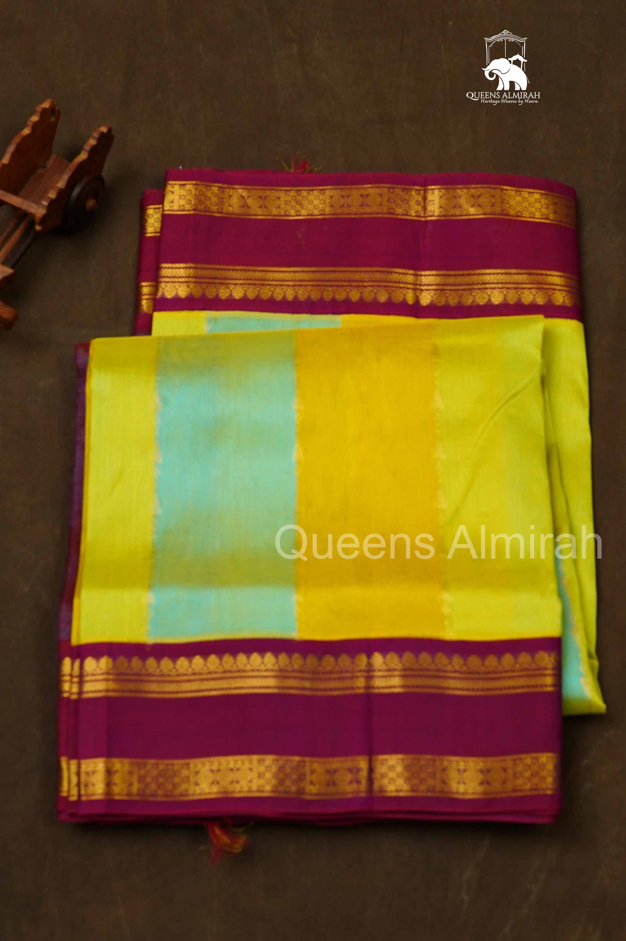 Multi Color With Purple Gap Border Pure Silk Cotton Saree