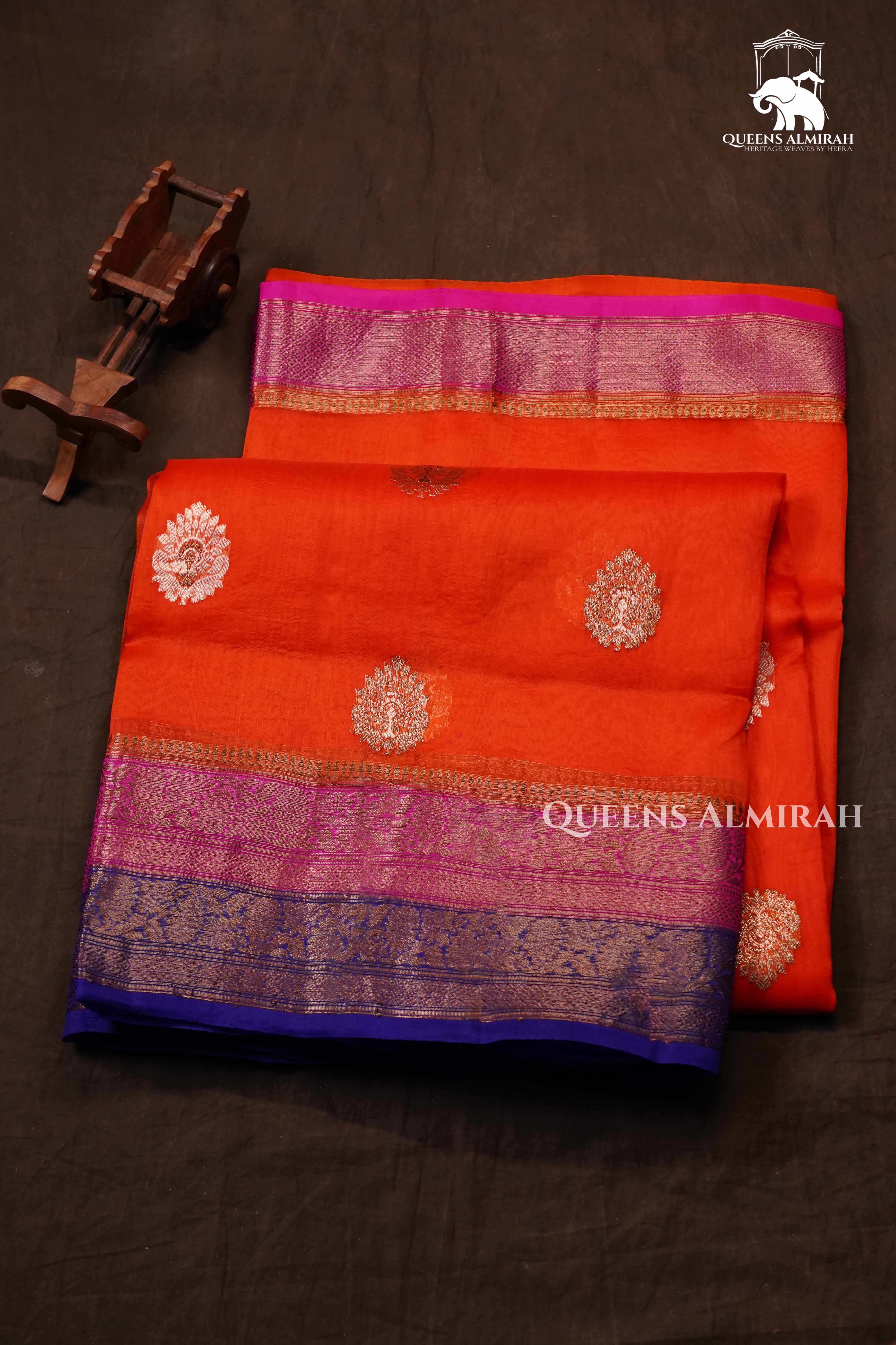 Tomato Orange Banarasi Organza saree