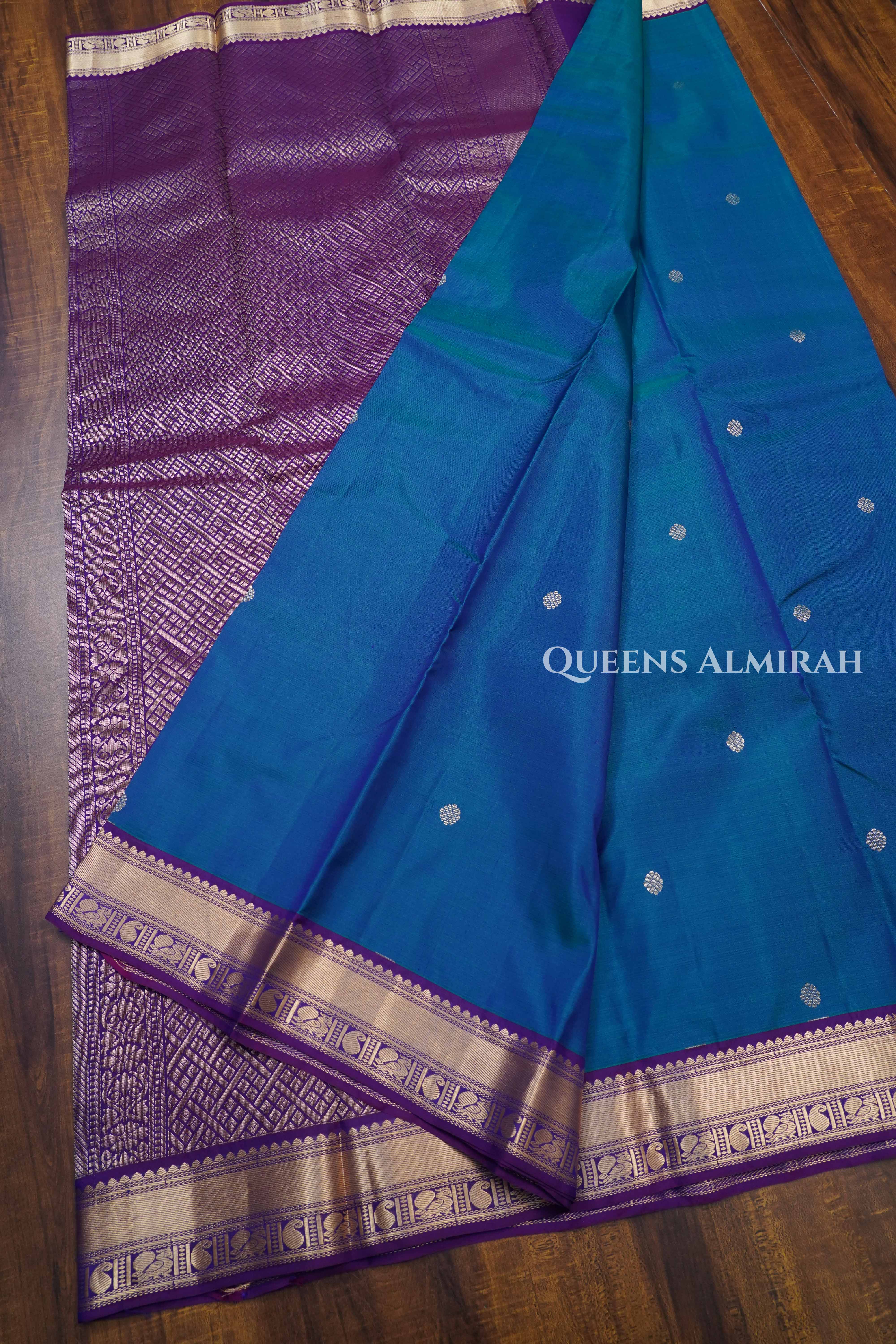 Teal Blue With Purple Pure Kanchivaram Silk Saree