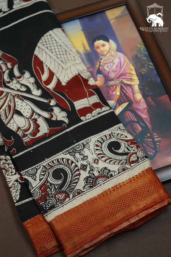 BLACK WITH DEEP RED MANGALGIRI SAREE - Queens Jewel Emporium