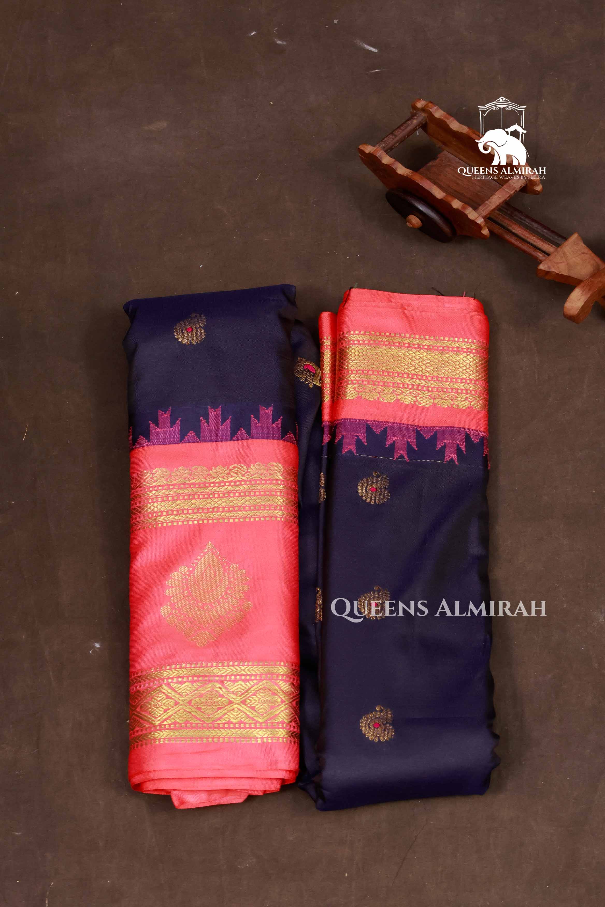 Dark Navy Blue With Orannge Semi Gadwal Silk Saree