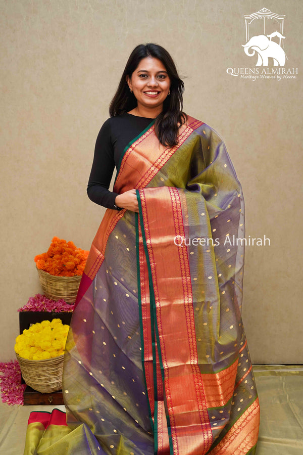 ARMY GREEN KATAN  HANDLOOM PURE CHANDERI SILK SAREE - Queens Jewel Emporium
