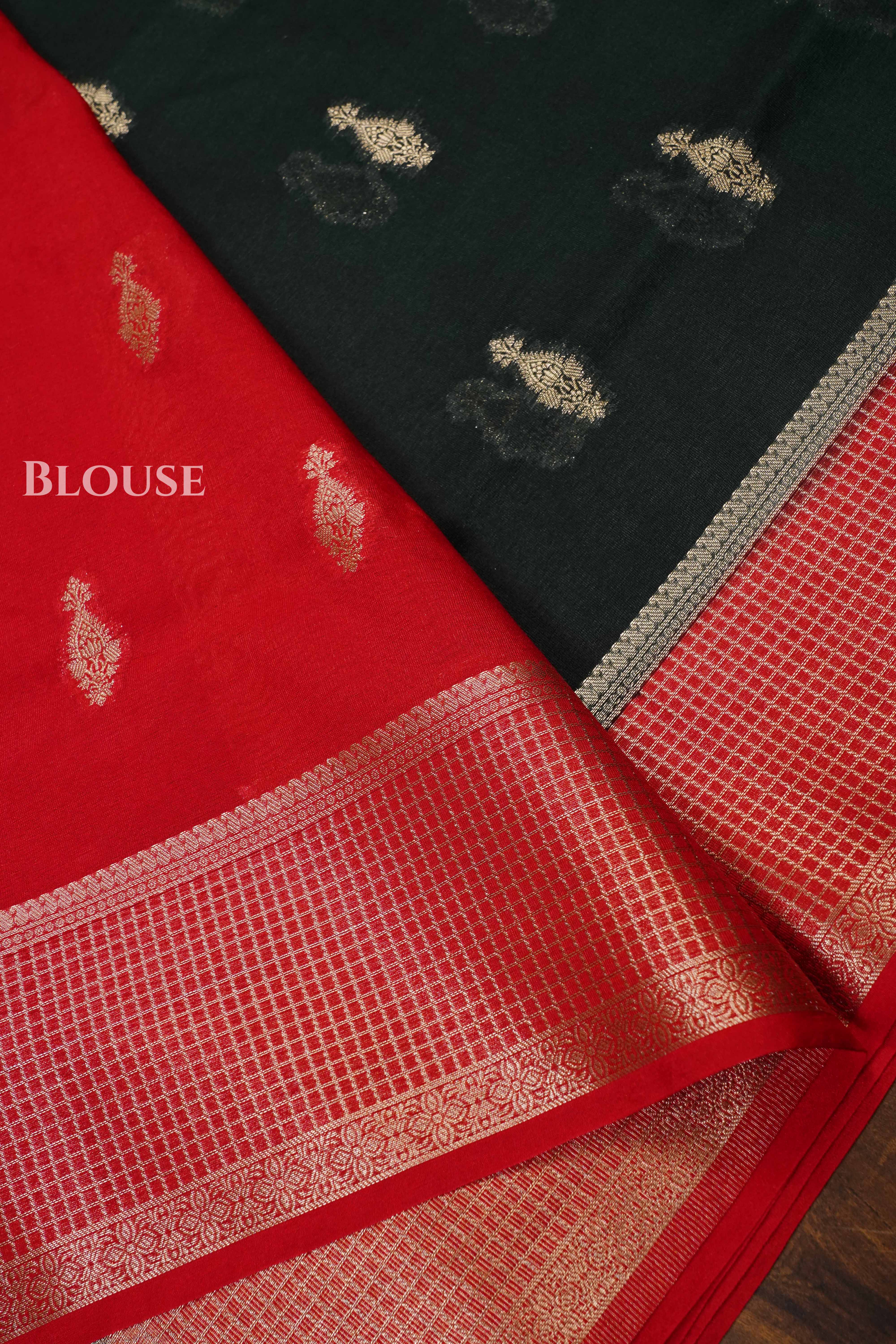 Dark Green With Red Semi Banarasi Silk Saree