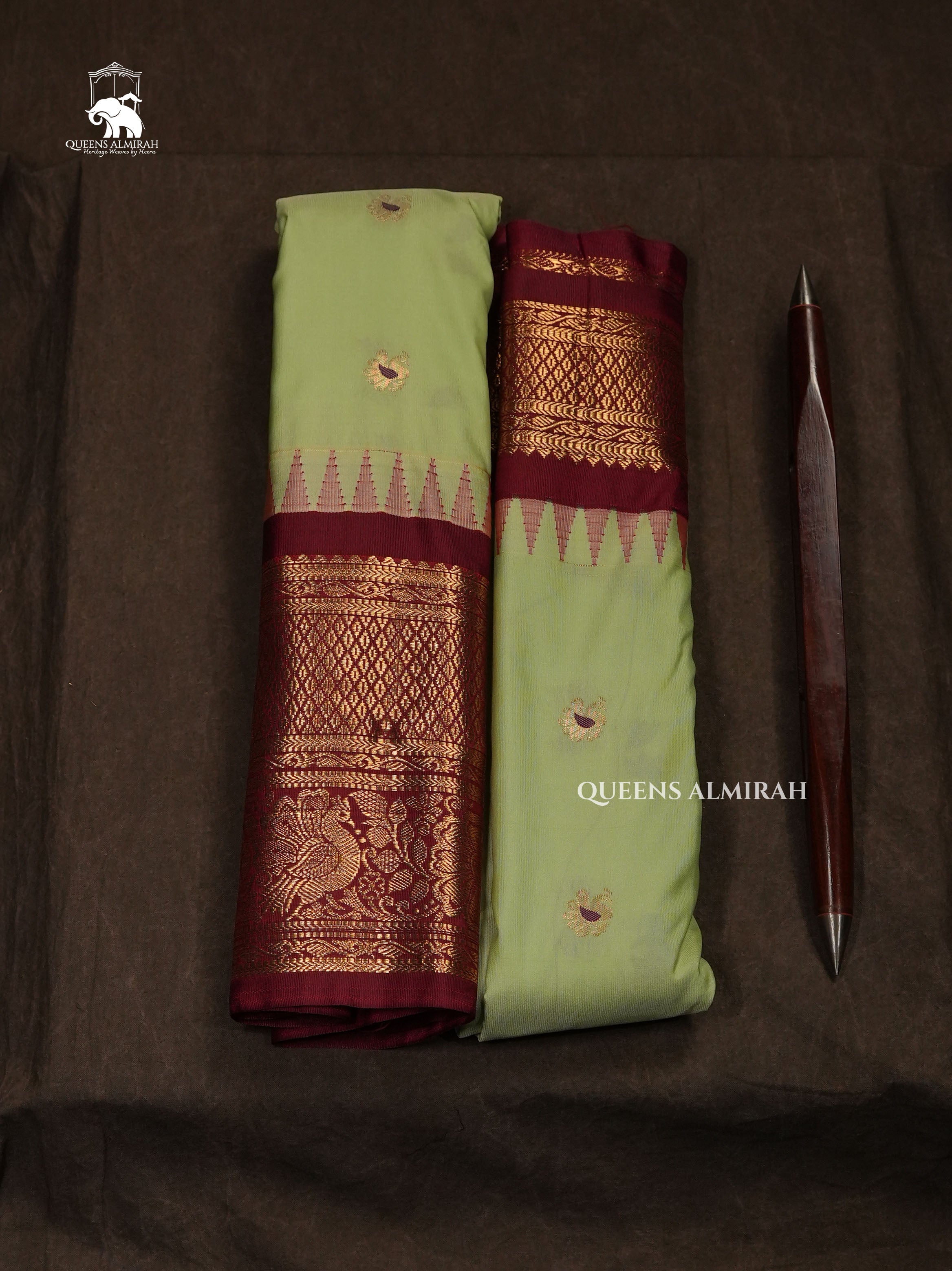 Olive Green With Maroon Border Semi Gadwal Silk Saree