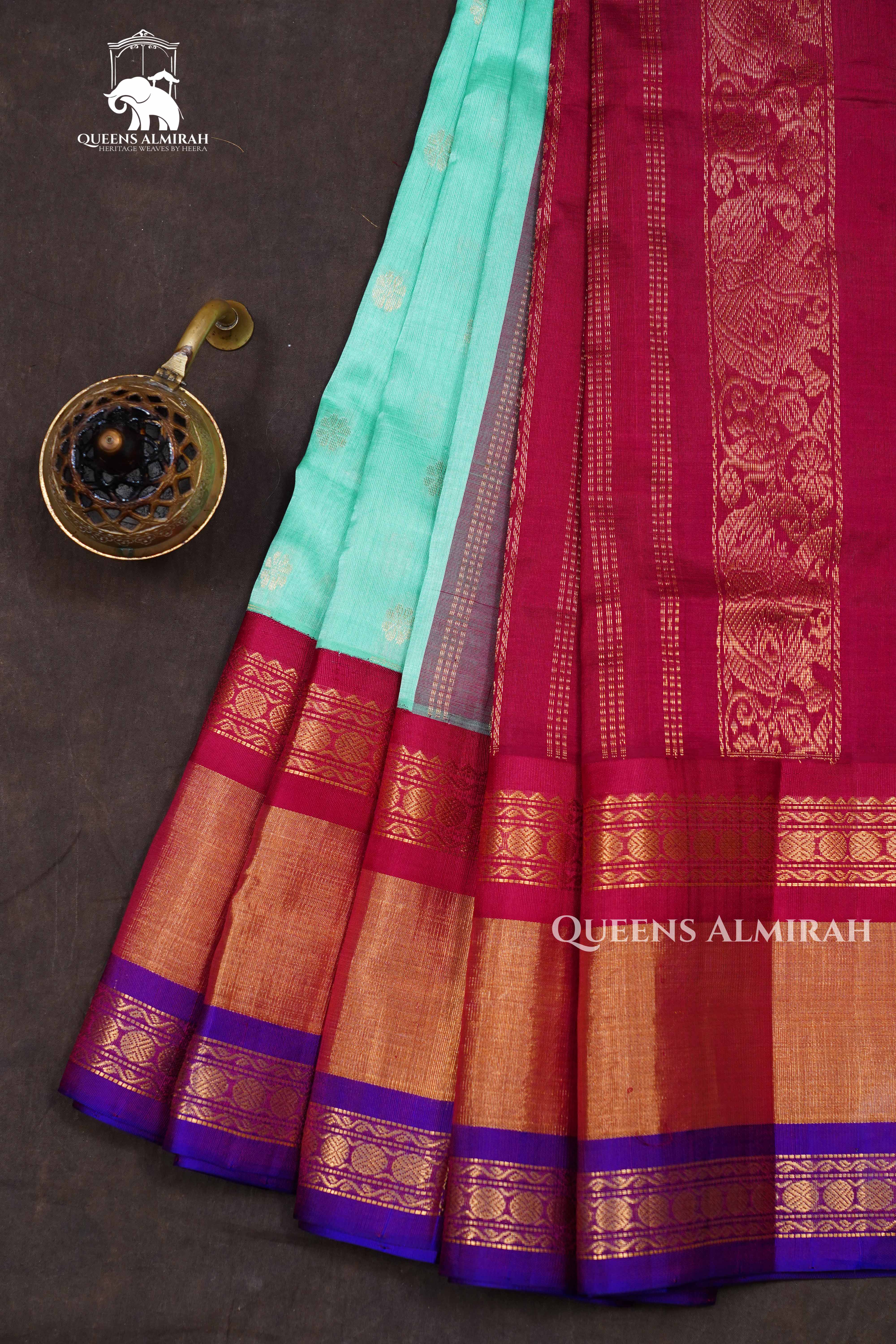 Sea Blue With Maroon Pure Kanchi Silk Cotton Saree