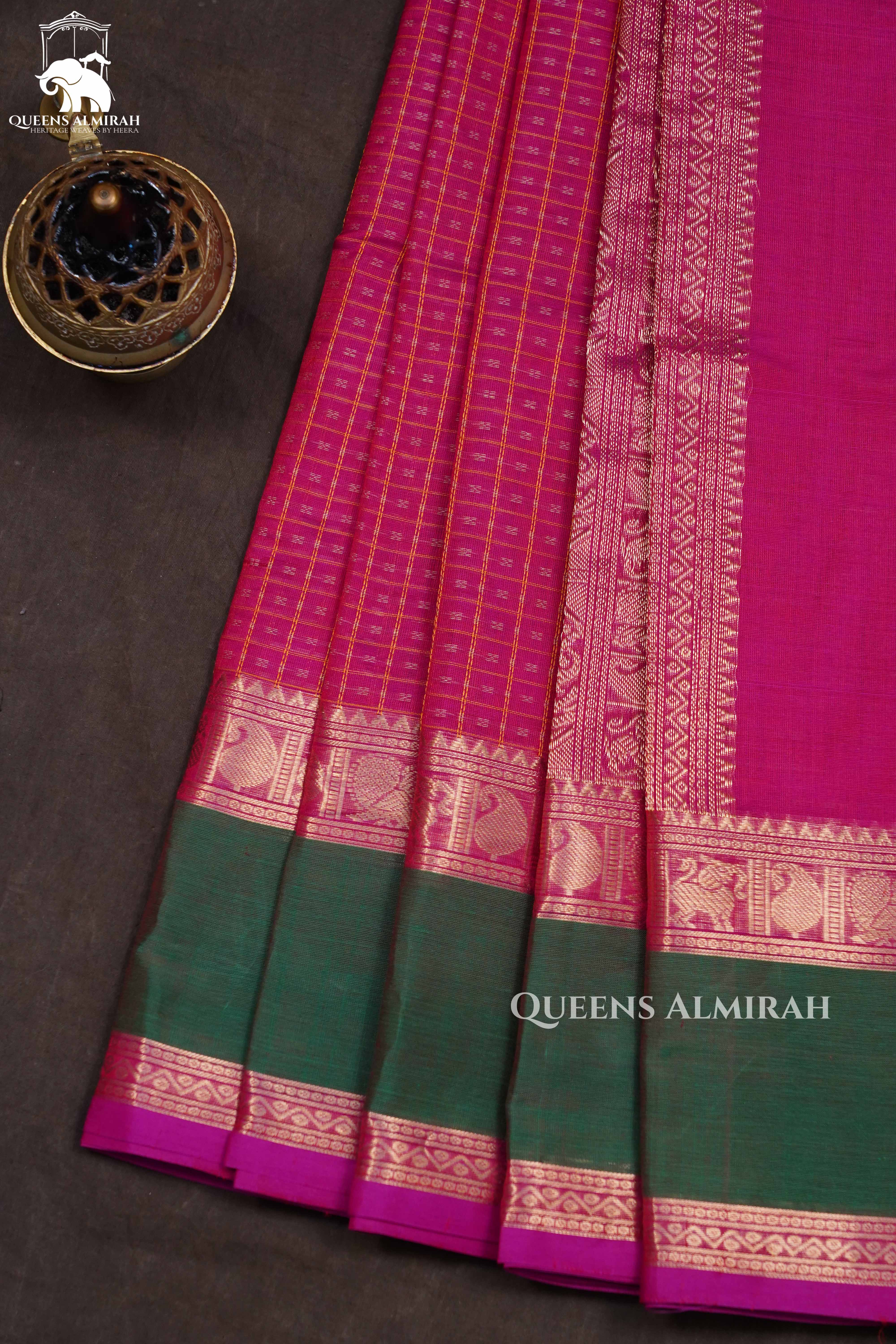 Rani Pink With Green Chettinad Silk Cotton Saree