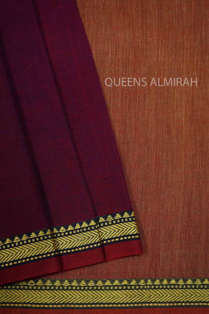 BURGUNDY WITH THIN BLACK BORDER  NARAYANPET COTTON SAREE - Queens Jewel Emporium