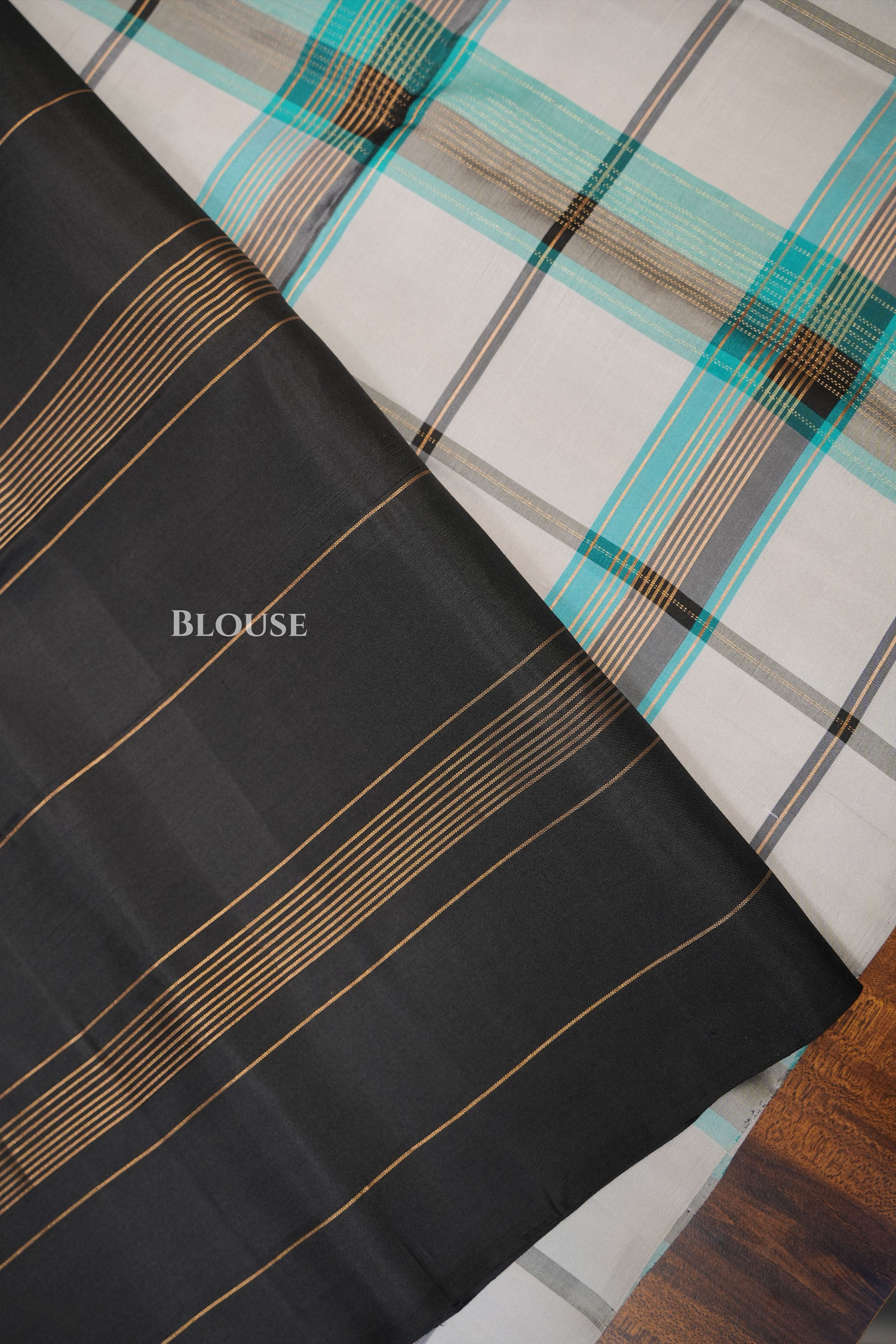 Silver With Turquoise Blue Burberry Checks Pure Soft Silk Saree