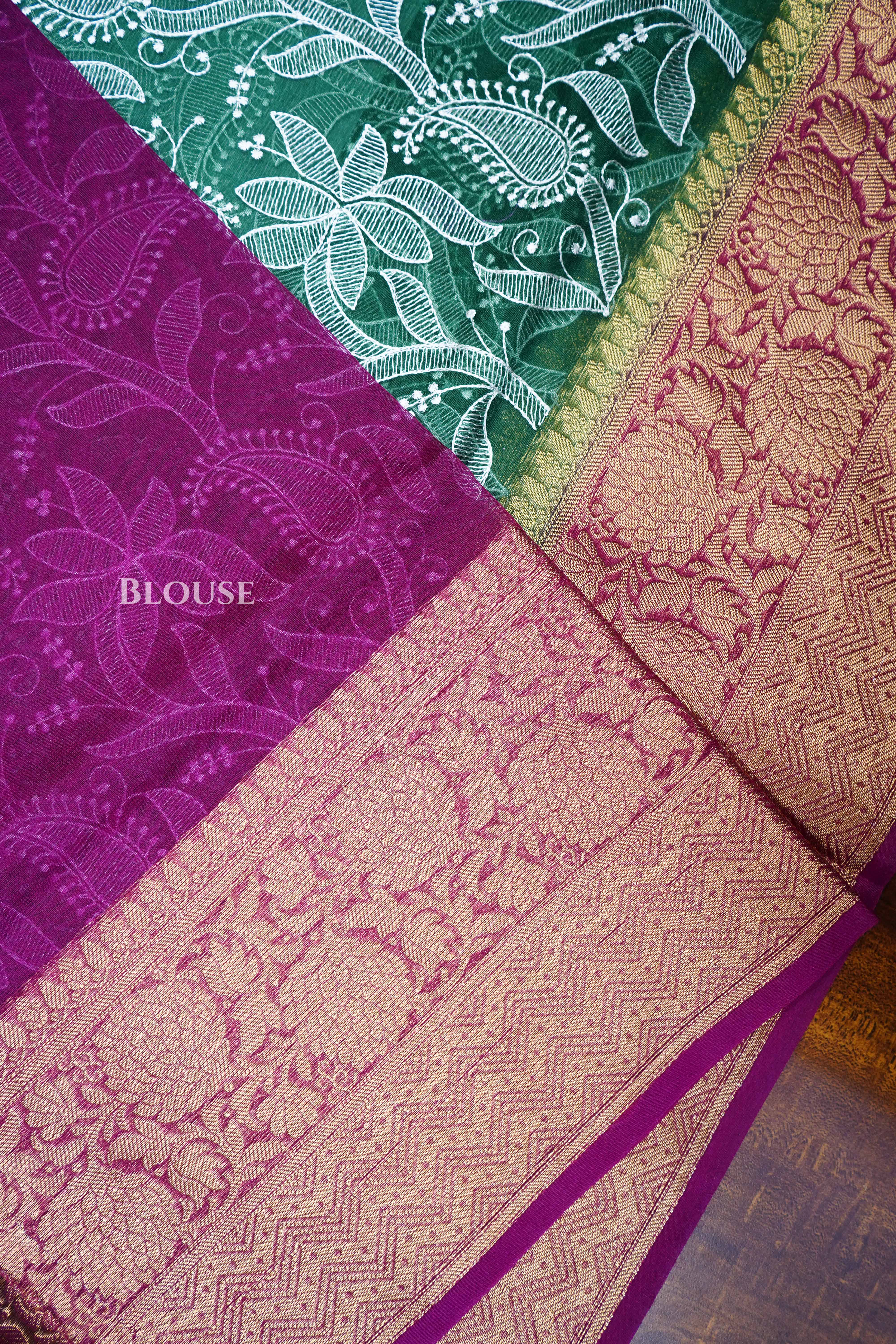 Dark Green With Purple Semi Banarasi Silk Saree