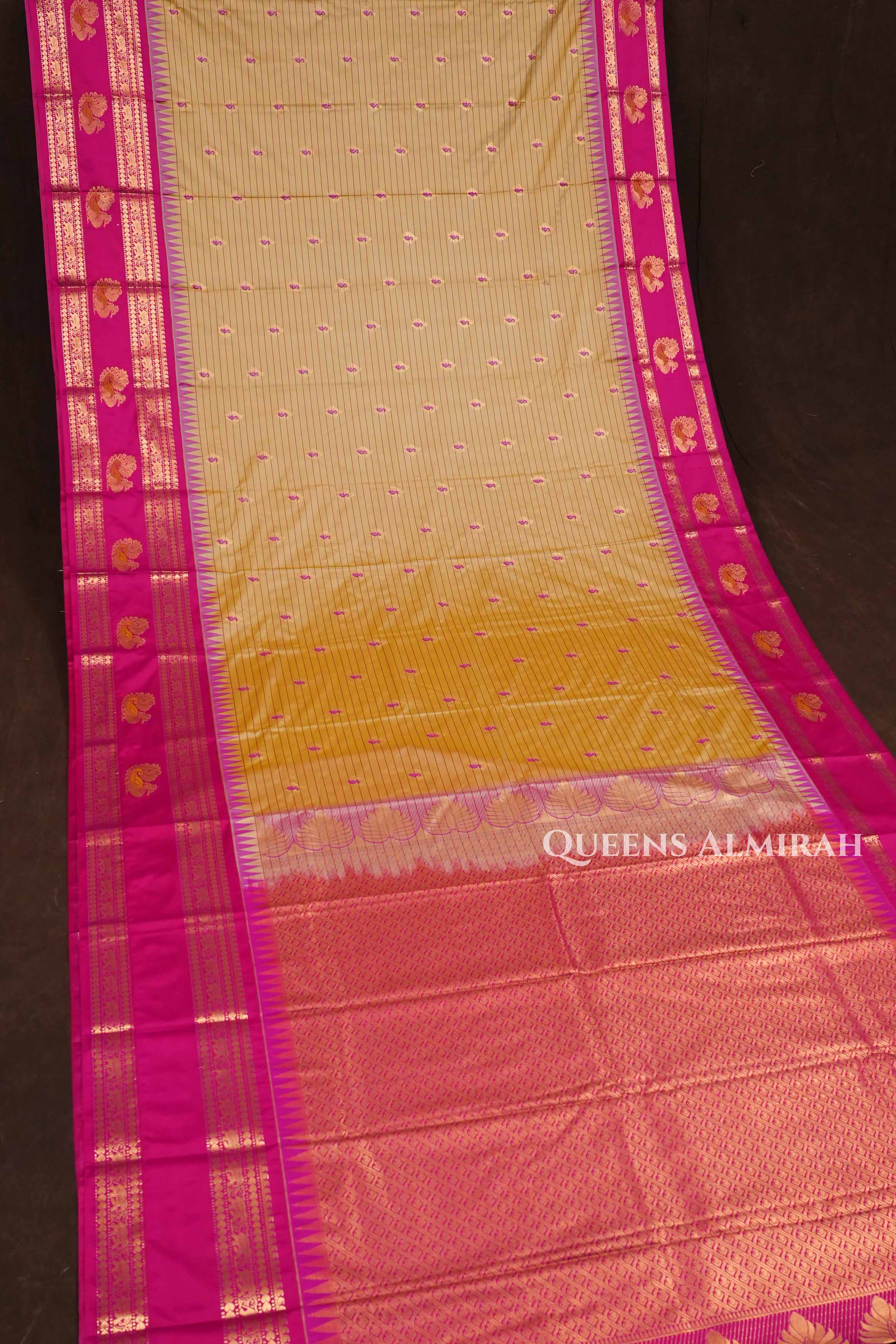 Light Yellow with rani pink Semi Gadwal Silk Saree